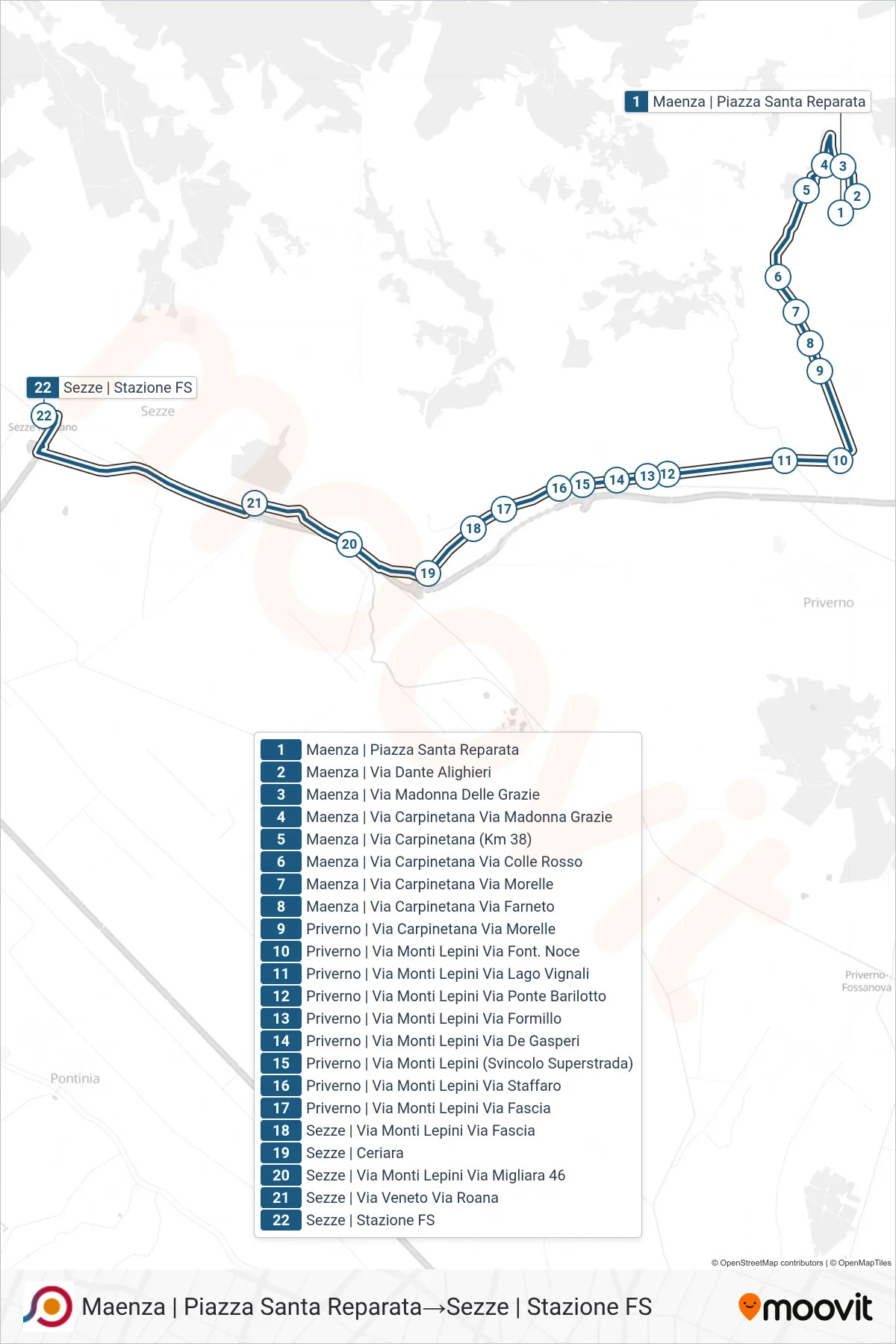 Linea COTRAL bus (Maenza | Piazza Santa Reparata→Sezze | Stazione FS) - Percorsi e fermate sulla mappa