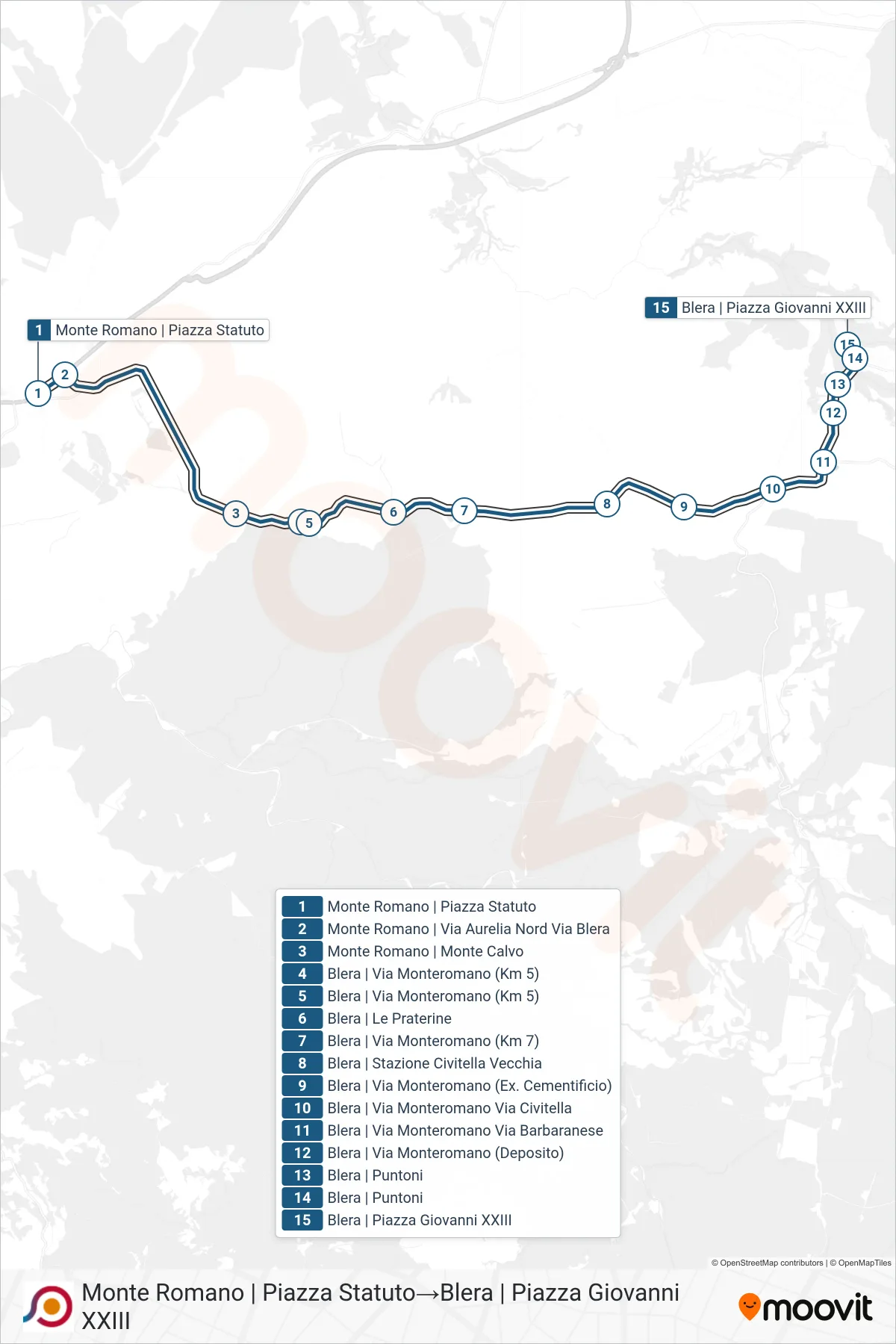 Linea COTRAL bus (Monte Romano | Piazza Statuto→Blera | Piazza Giovanni XXIII) - Percorsi e fermate sulla mappa