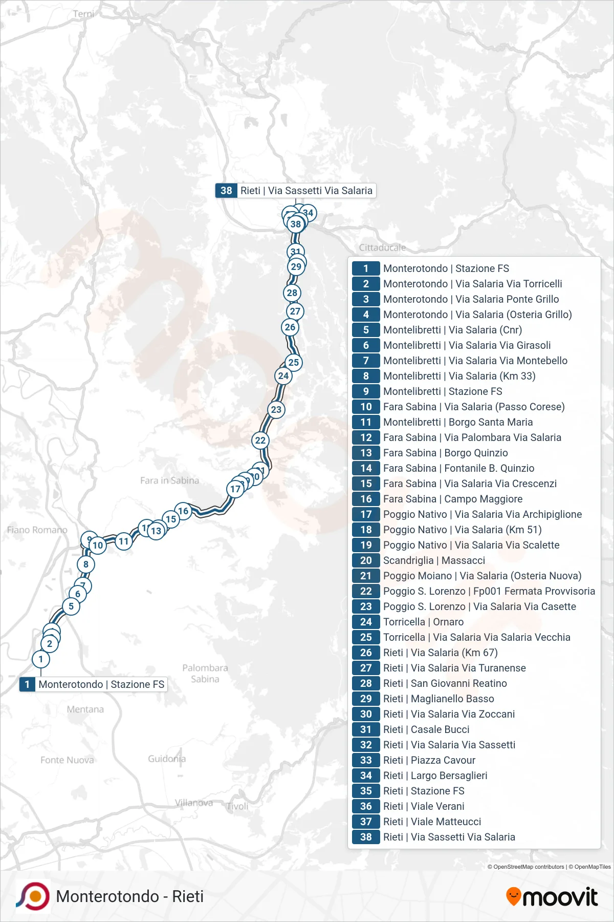 Linea COTRAL bus (Monterotondo | Stazione FS→Rieti | Via Sassetti Via Salaria) - Percorsi e fermate sulla mappa