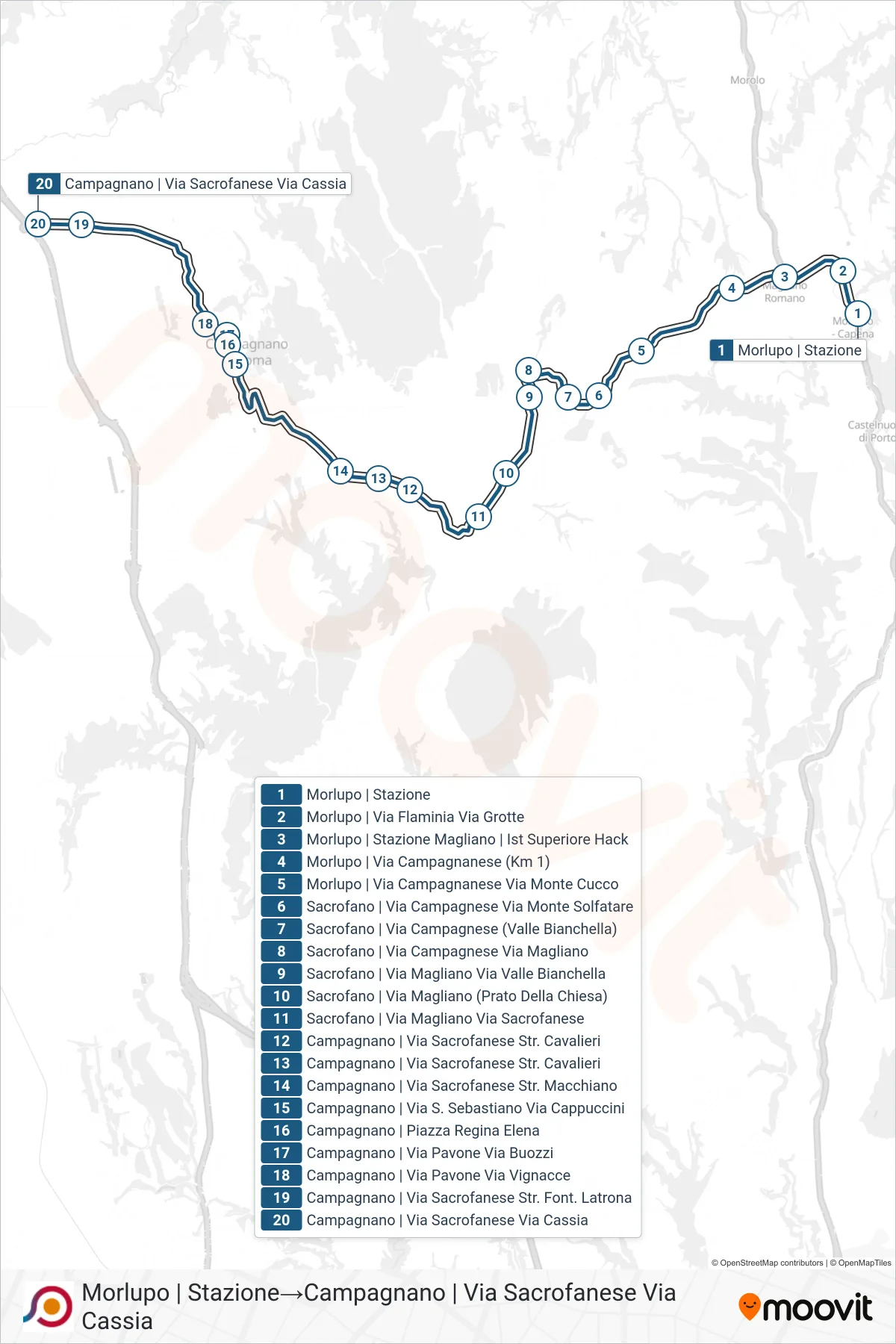Linea COTRAL bus (Morlupo | Stazione→Campagnano | Via Sacrofanese Via Cassia) - Percorsi e fermate sulla mappa
