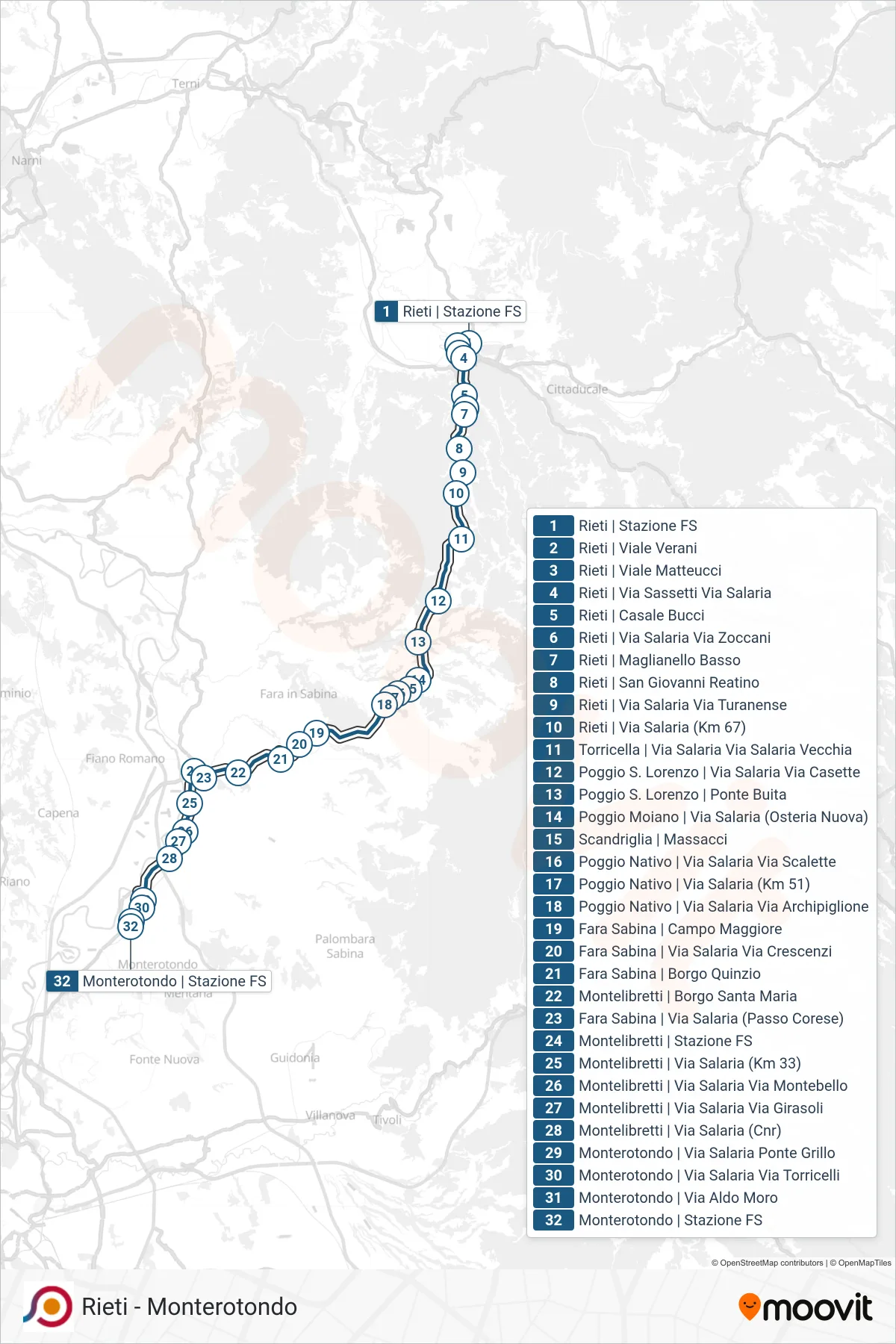 Linea COTRAL bus (Rieti | Stazione FS Ist. Superiore Principessa Di Napoli→Monterotondo | Stazione FS) - Percorsi e fermate sulla mappa
