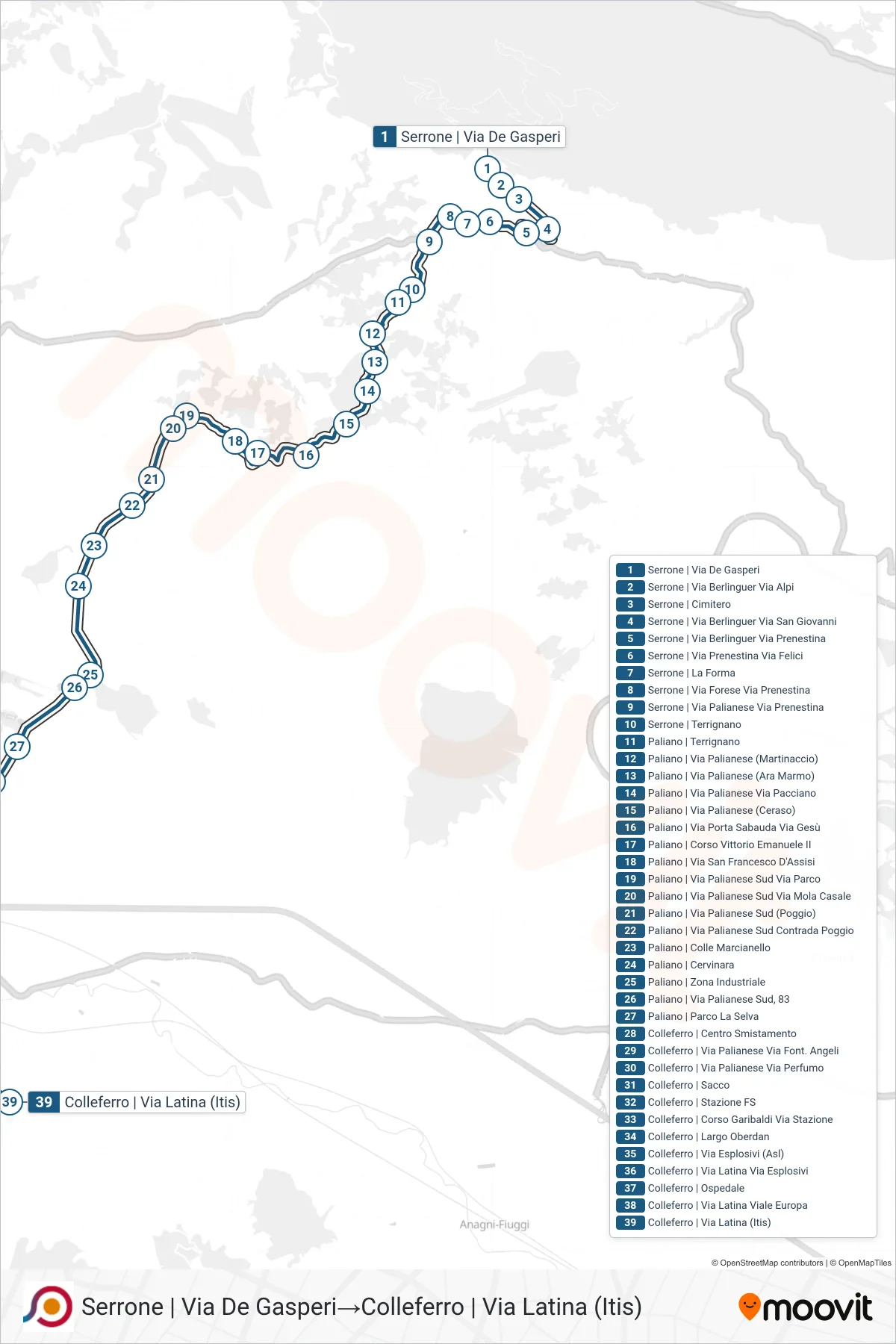 Linea COTRAL bus (Serrone | Via De Gasperi→Colleferro | Via Latina (Itis)) - Percorsi e fermate sulla mappa