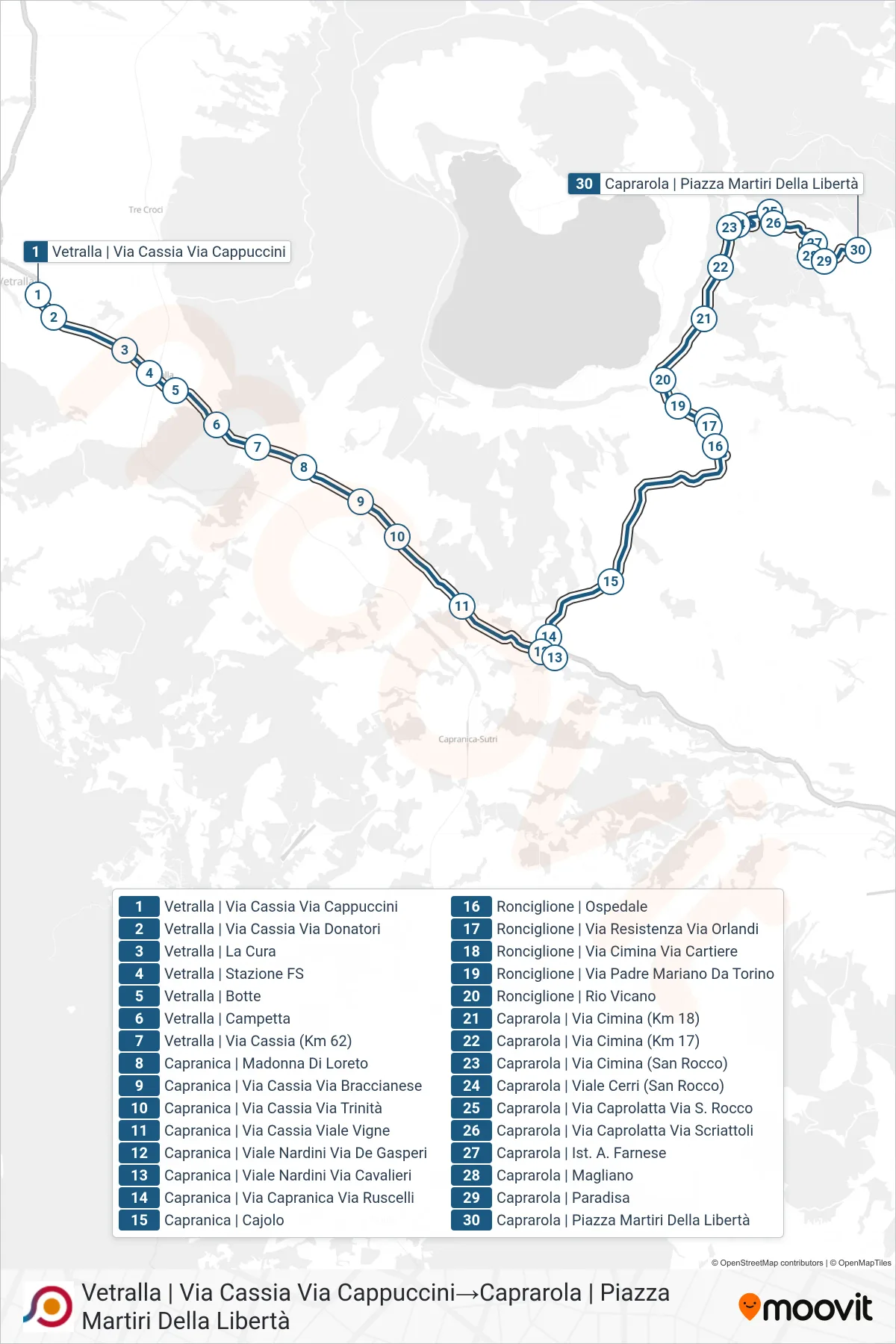 Linea COTRAL bus (Vetralla | Via Cassia Via Cappuccini→Caprarola | Piazza Martiri Della Libertà) - Percorsi e fermate sulla mappa