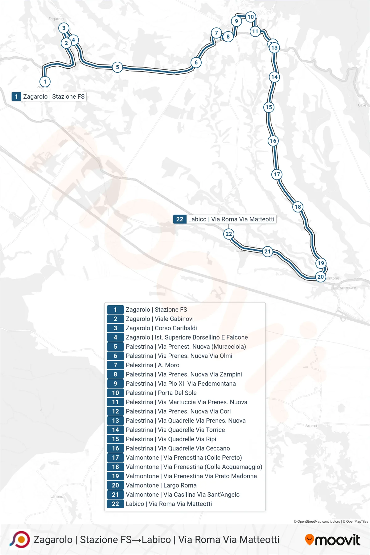 Linea COTRAL bus (Zagarolo | Stazione FS→Labico | Via Roma Via Matteotti) - Percorsi e fermate sulla mappa