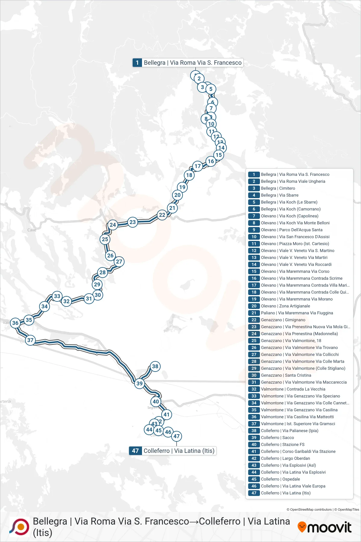 Linea COTRAL bus (Bellegra | Via Roma Via S. Francesco→Colleferro | Via Latina (Itis)) - Percorsi e fermate sulla mappa