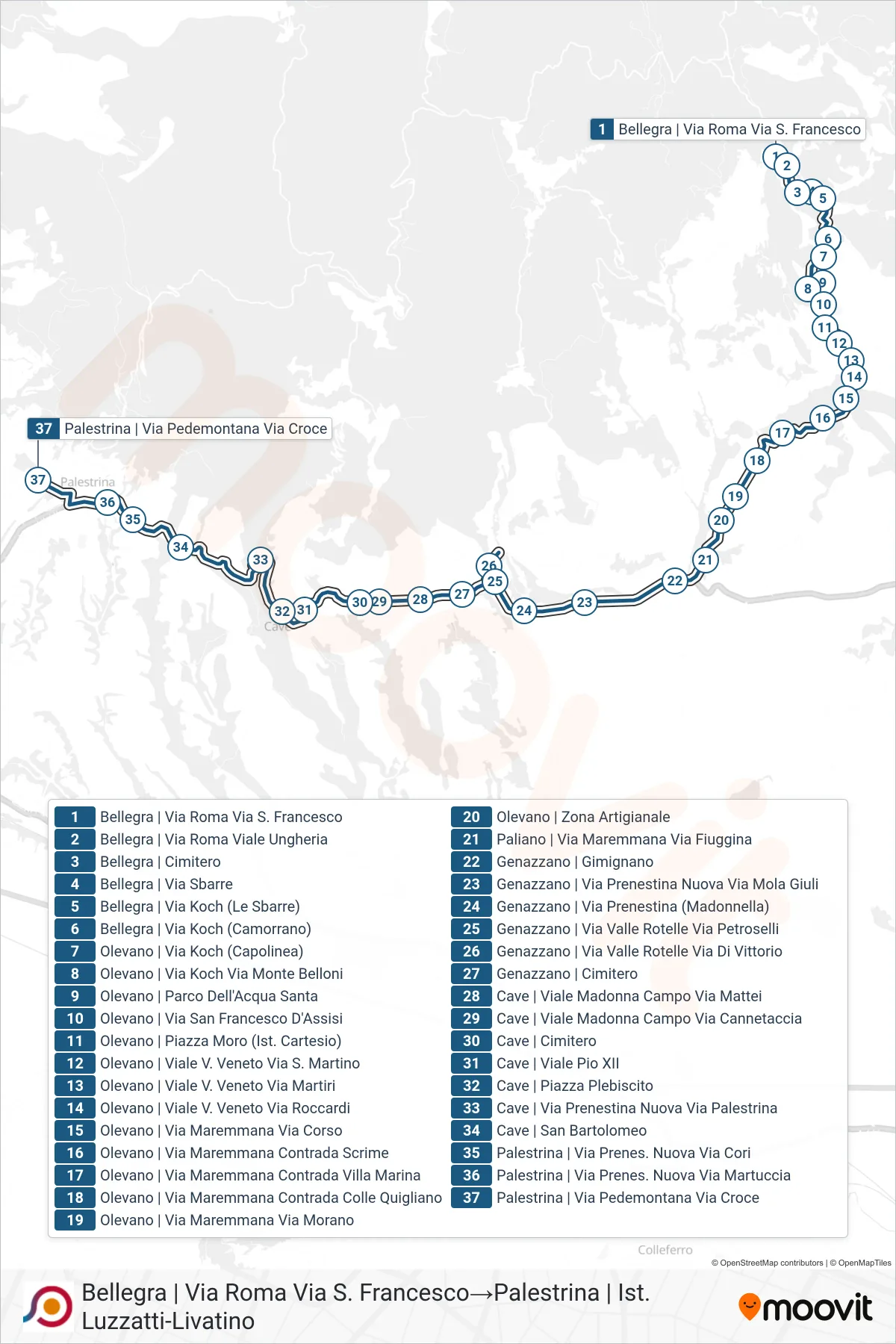 Linea COTRAL bus (Bellegra | Via Roma Via S. Francesco→Palestrina | Ist. Luzzatti-Livatino) - Percorsi e fermate sulla mappa