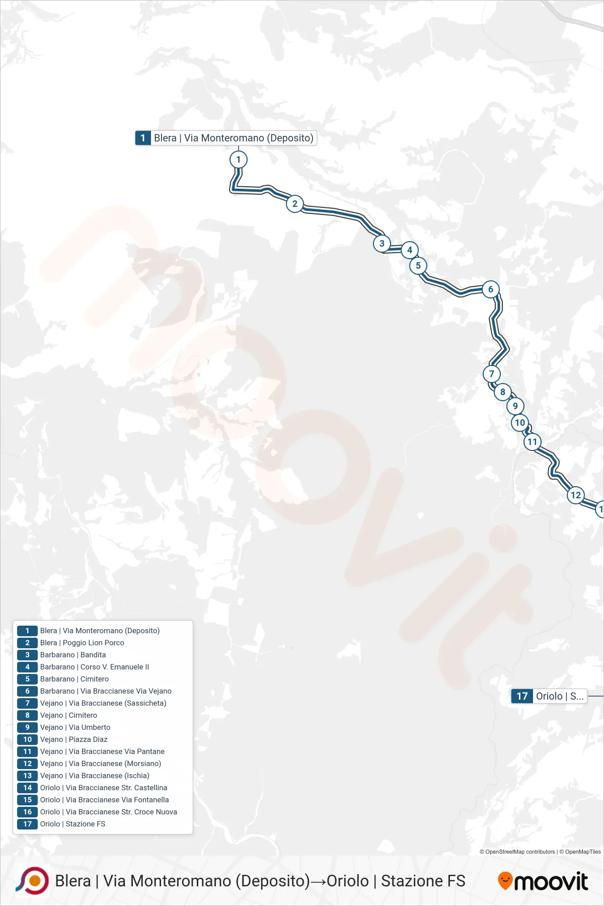 Linea COTRAL bus (Blera | Via Monteromano (Deposito)→Oriolo | Stazione FS) - Percorsi e fermate sulla mappa