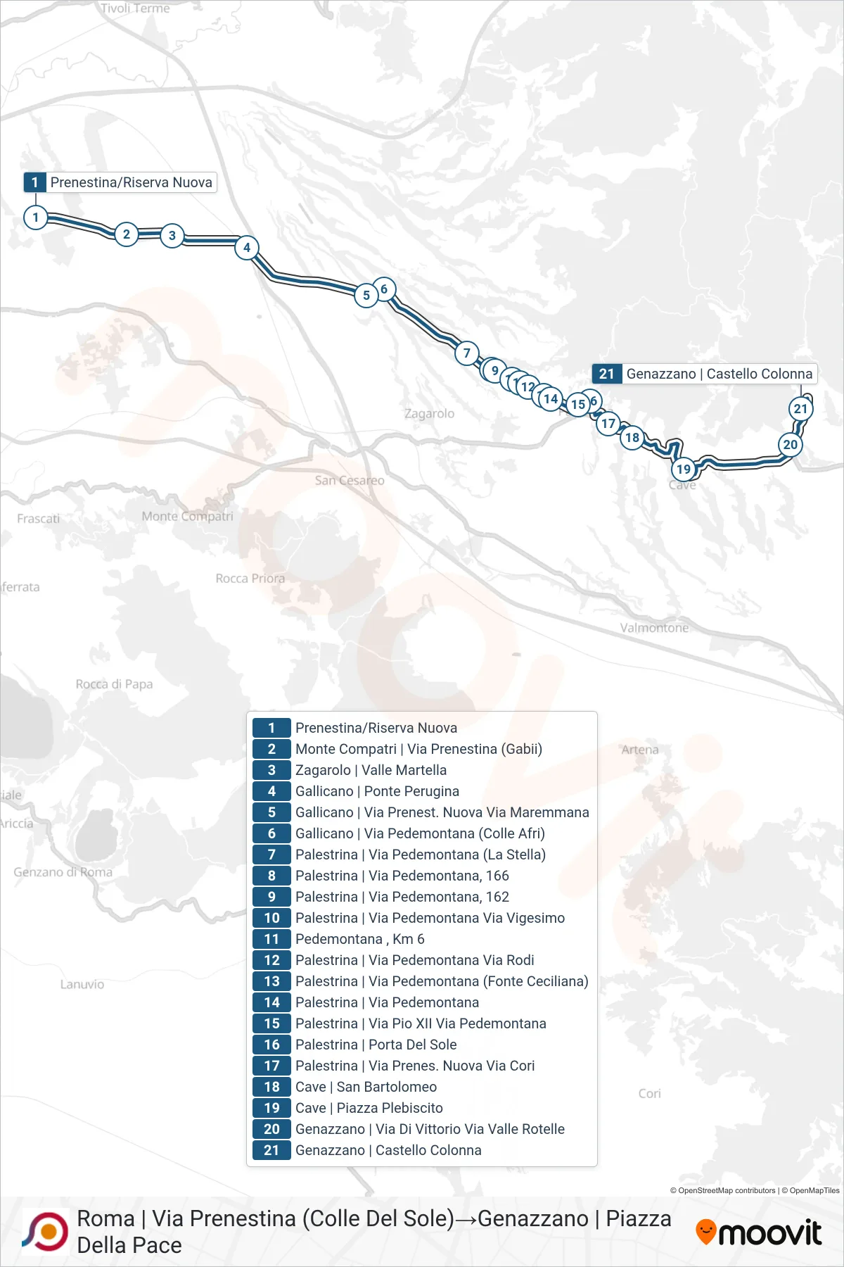 Linea COTRAL  bus (Roma | Via Prenestina (Colle Del Sole)‎→Genazzano | Piazza Della Pace) - Percorsi e fermate sulla mappa