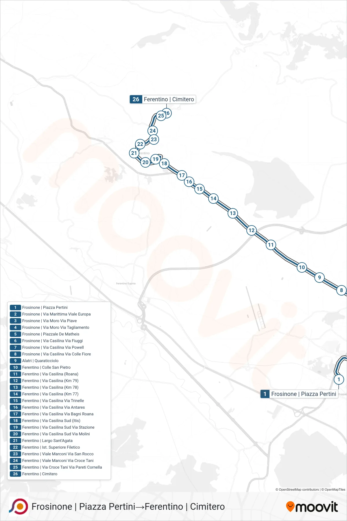Linea COTRAL bus (Frosinone | Piazza Pertini→Ferentino | Cimitero) - Percorsi e fermate sulla mappa