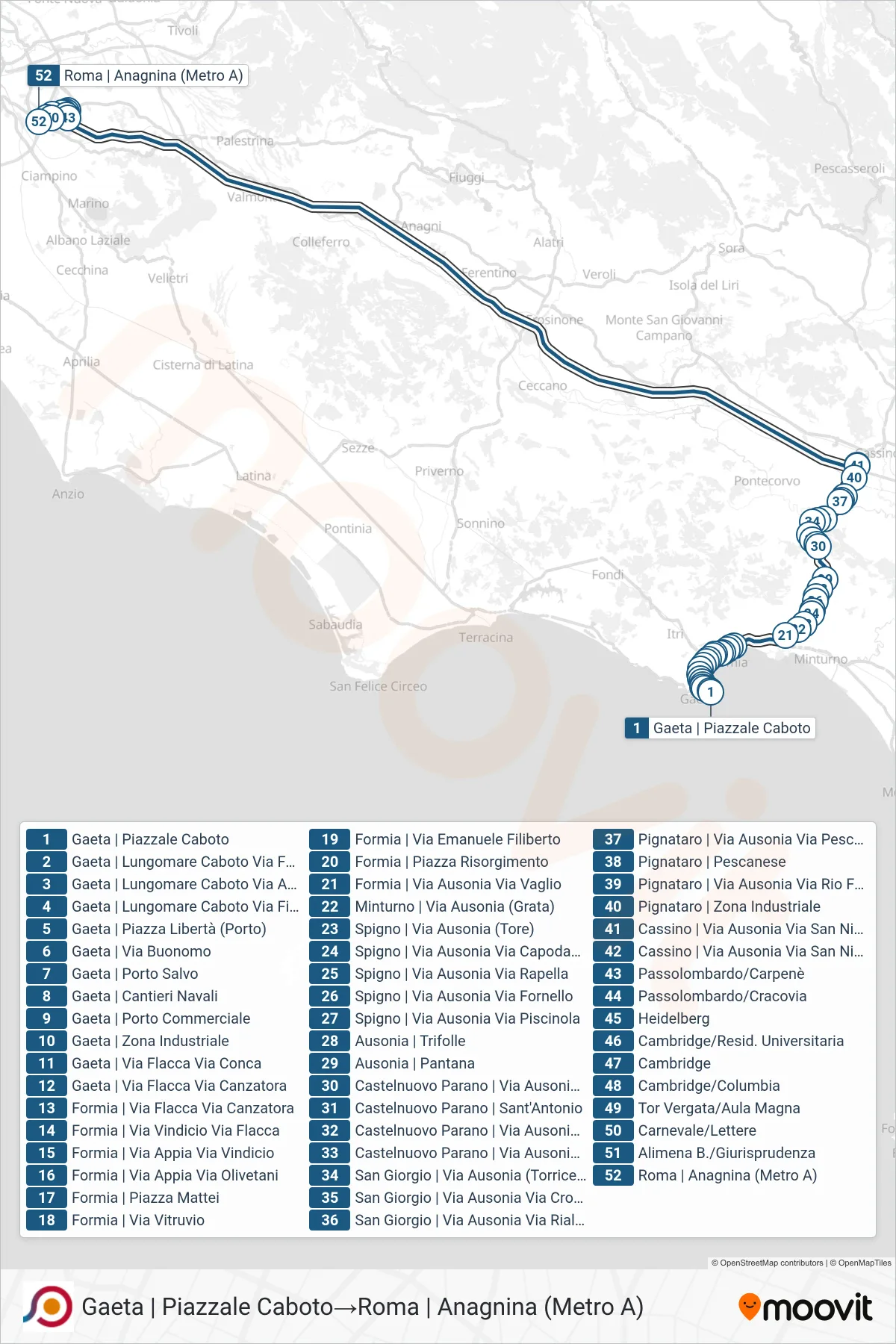 Linea COTRAL bus (Gaeta | Piazzale Caboto→Roma | Anagnina (Metro A)) - Percorsi e fermate sulla mappa