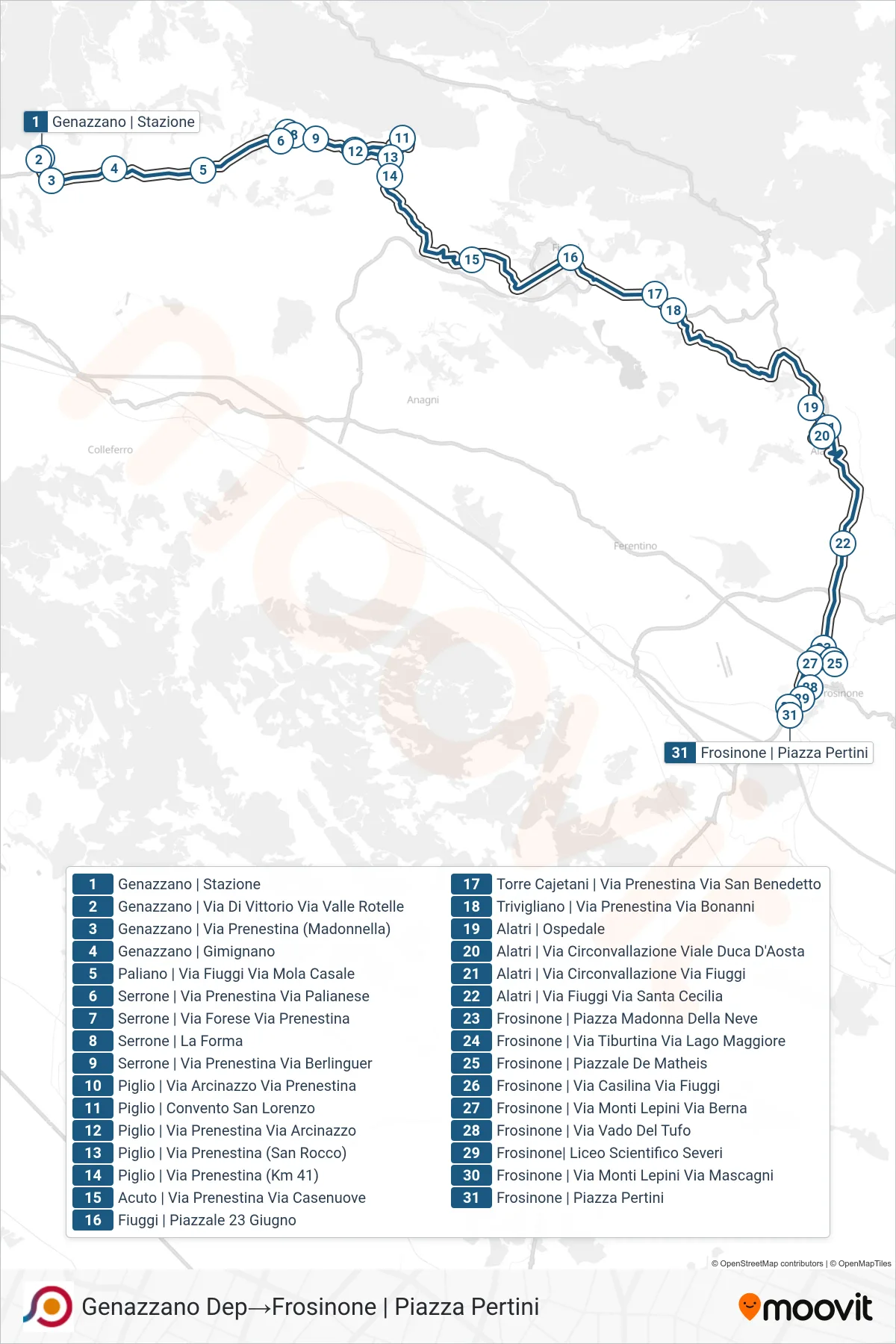 Linea COTRAL  bus (Genazzano Dep‎→Frosinone | Piazza Pertini) - Percorsi e fermate sulla mappa