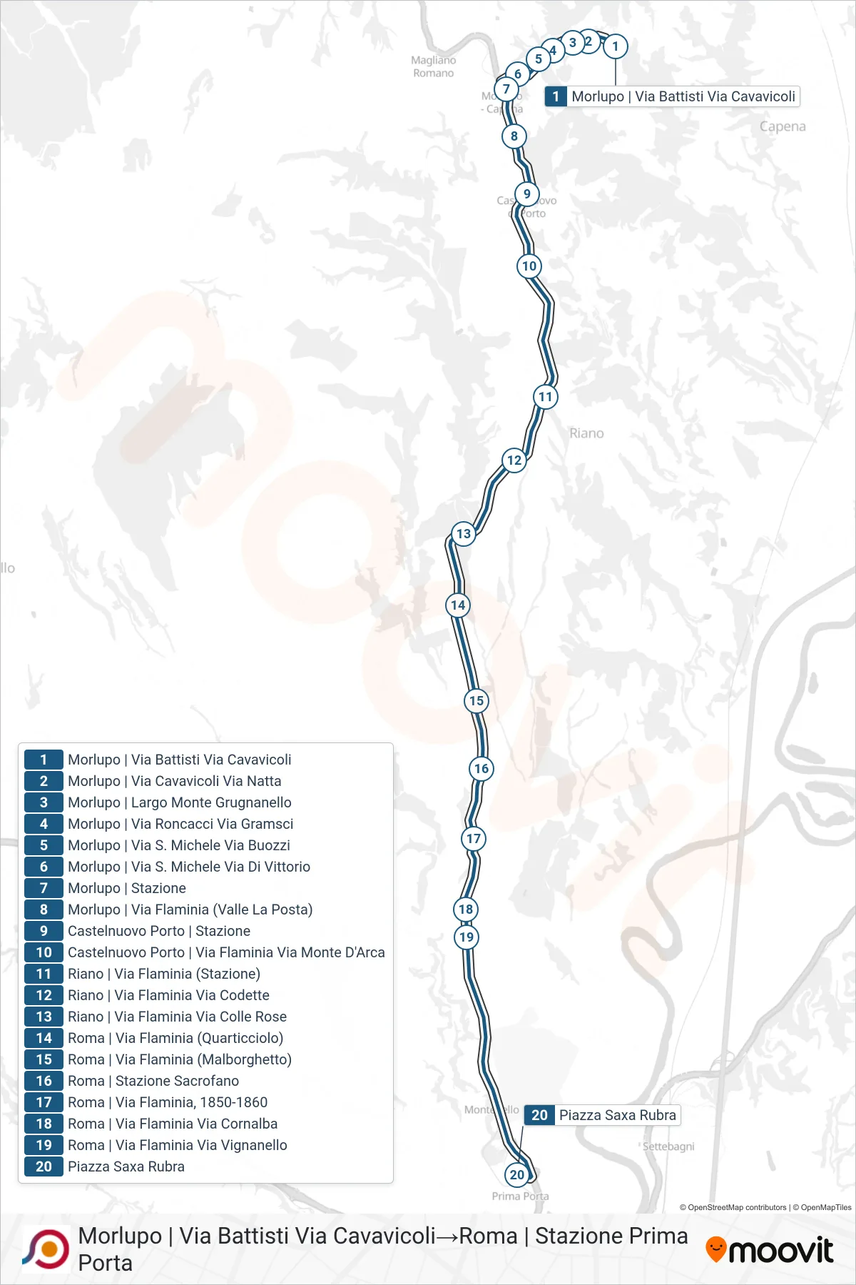 COTRAL bus Line (Morlupo | Battisti Street Cavavicoli Street→Rome | Prima Porta Station) route and stops on a map