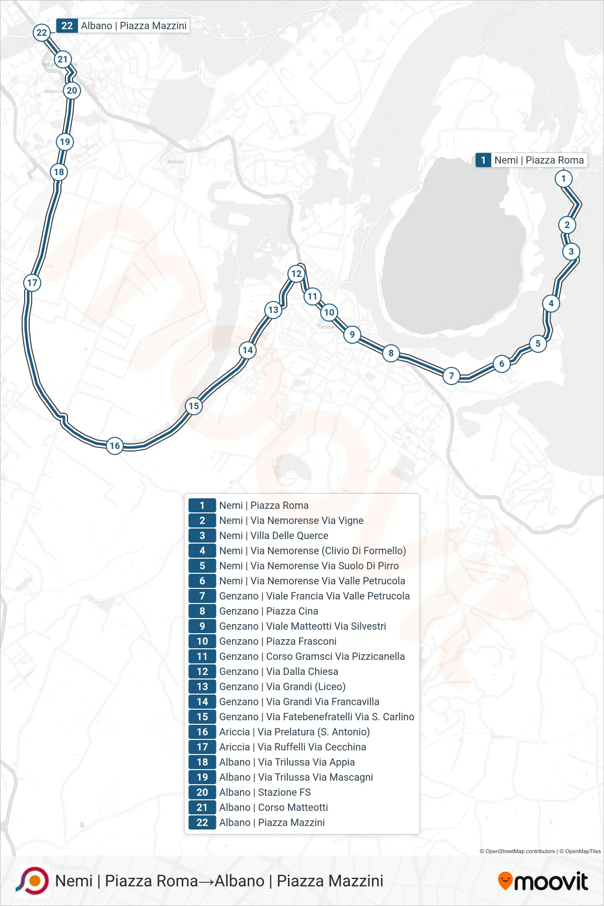Linea COTRAL bus (Nemi | Piazza Roma→Albano | Piazza Mazzini) - Percorsi e fermate sulla mappa