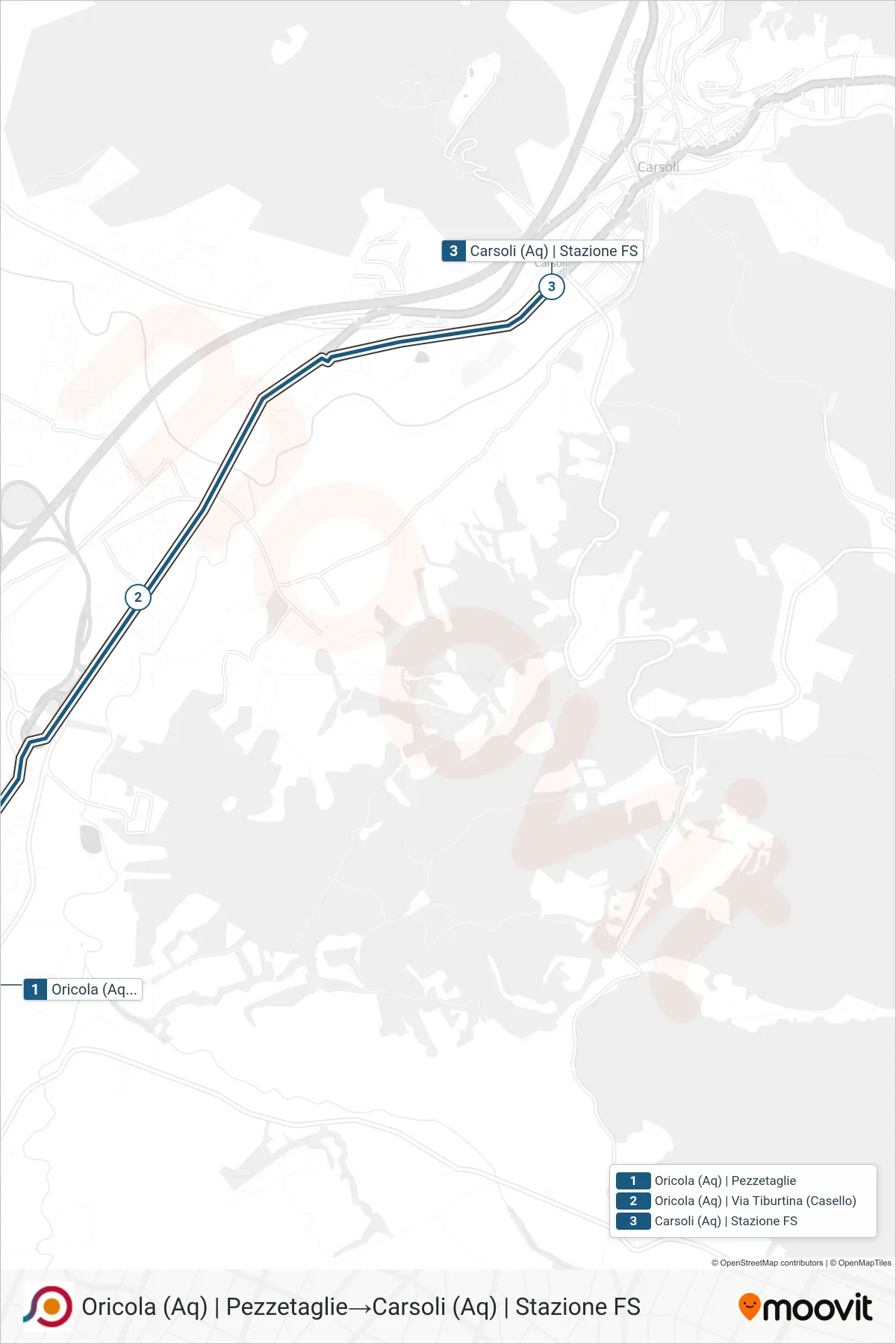 Linea COTRAL bus (Oricola (Aq) | Pezzetaglie→Carsoli (Aq) | Stazione FS) - Percorsi e fermate sulla mappa
