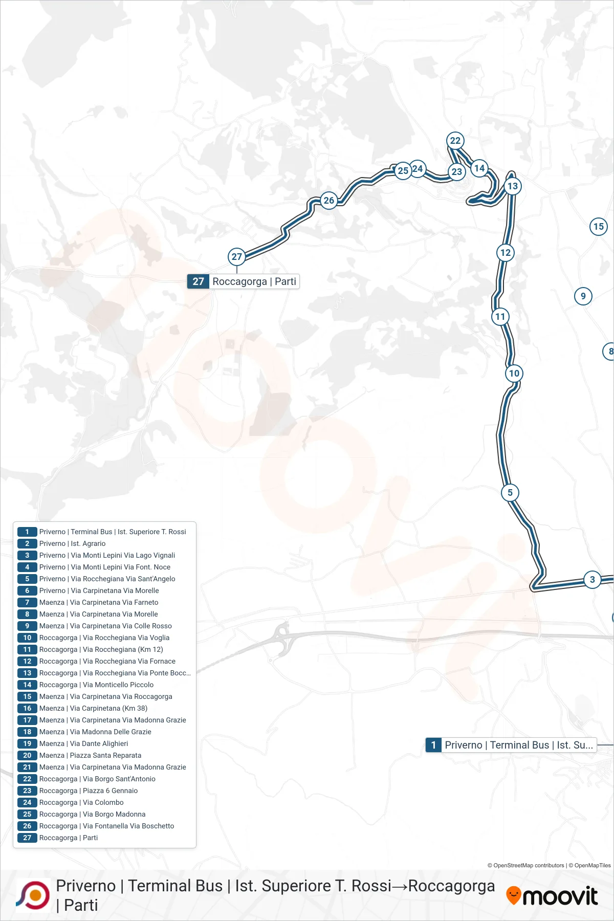 Linea COTRAL bus (Priverno | Terminal Bus | Ist. Superiore T. Rossi→Roccagorga | Parti) - Percorsi e fermate sulla mappa