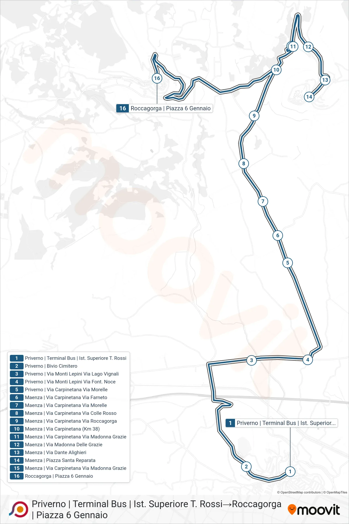 COTRAL bus Line (Priverno | Bus Terminal | T. Rossi High School→Roccagorga via Piazza 6 Gennaio) route and stops on a map