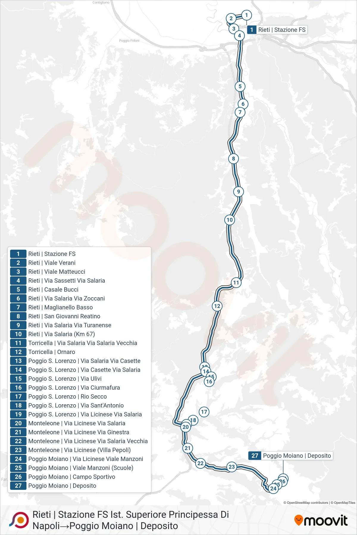 Linea COTRAL bus (Rieti | Stazione FS Ist. Superiore Principessa Di Napoli→Poggio Moiano | Deposito) - Percorsi e fermate sulla mappa