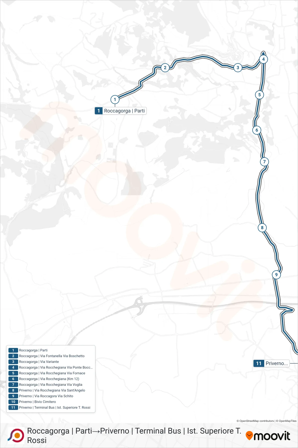 Linea COTRAL bus (Roccagorga | Parti→Priverno | Terminal Bus | Ist. Superiore T. Rossi) - Percorsi e fermate sulla mappa