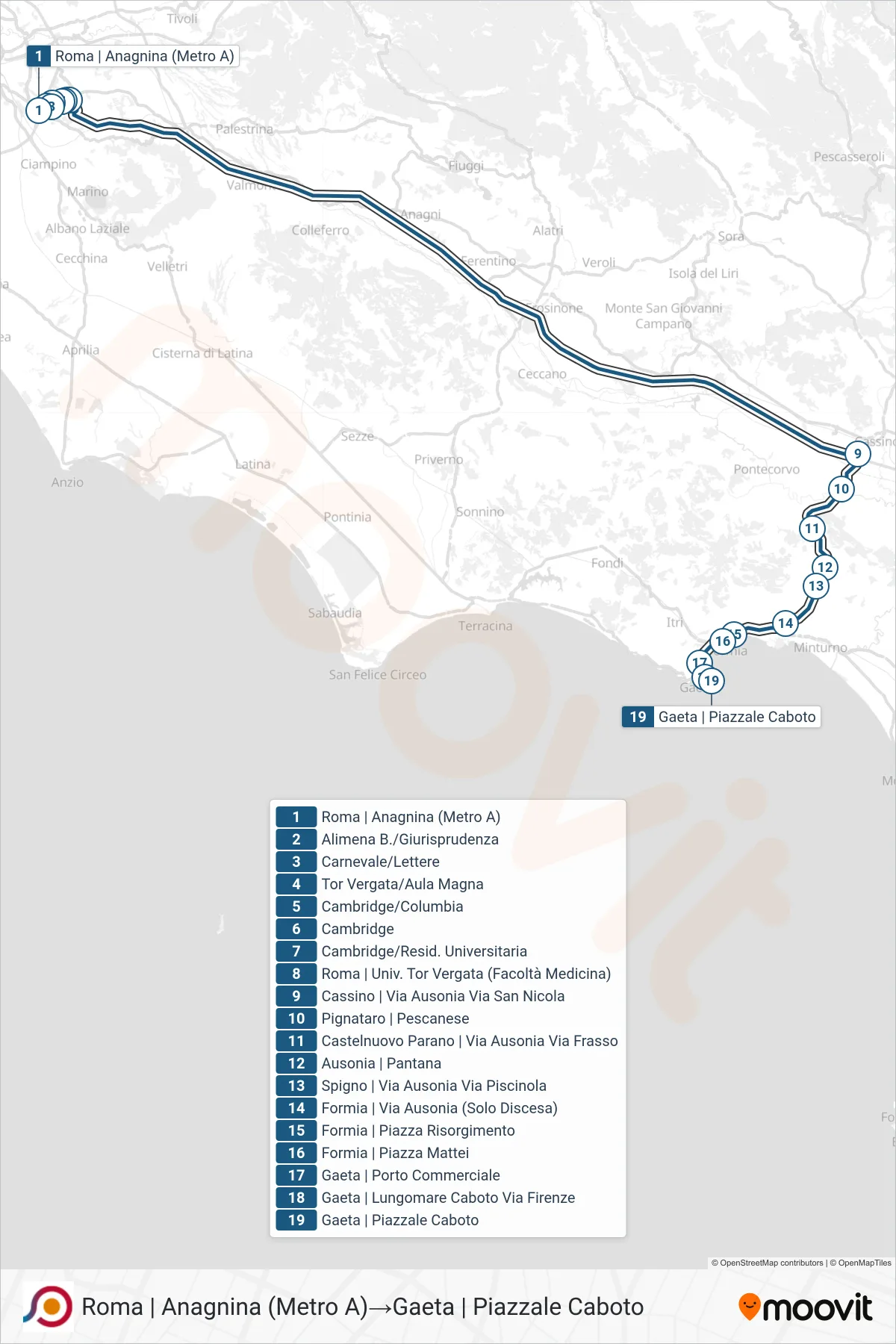 Linea COTRAL bus (Roma | Anagnina (Metro A)→Gaeta | Piazzale Caboto) - Percorsi e fermate sulla mappa