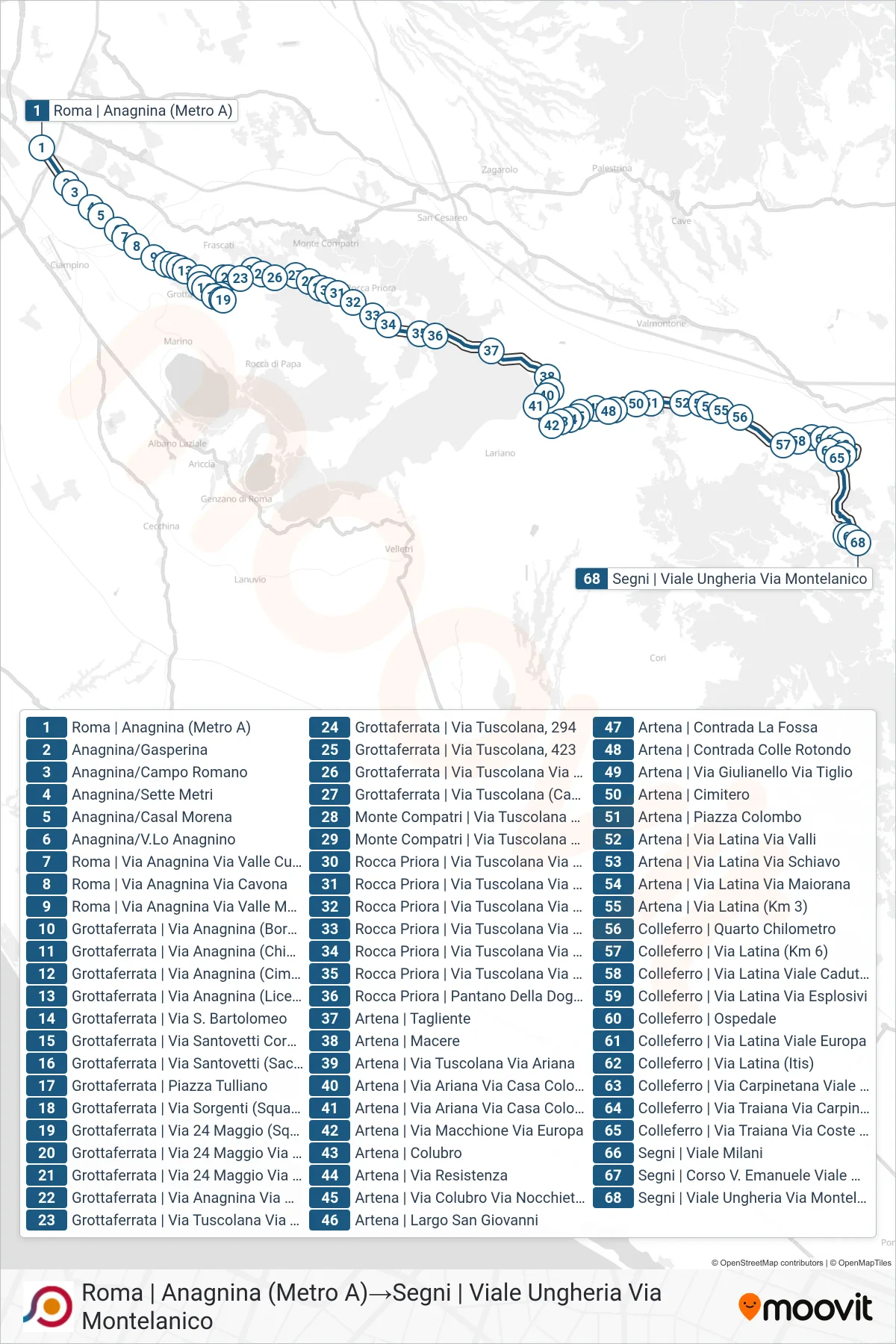 Linea COTRAL bus (Roma | Anagnina (Metro A)→Segni | Viale Ungheria Via Montelanico) - Percorsi e fermate sulla mappa