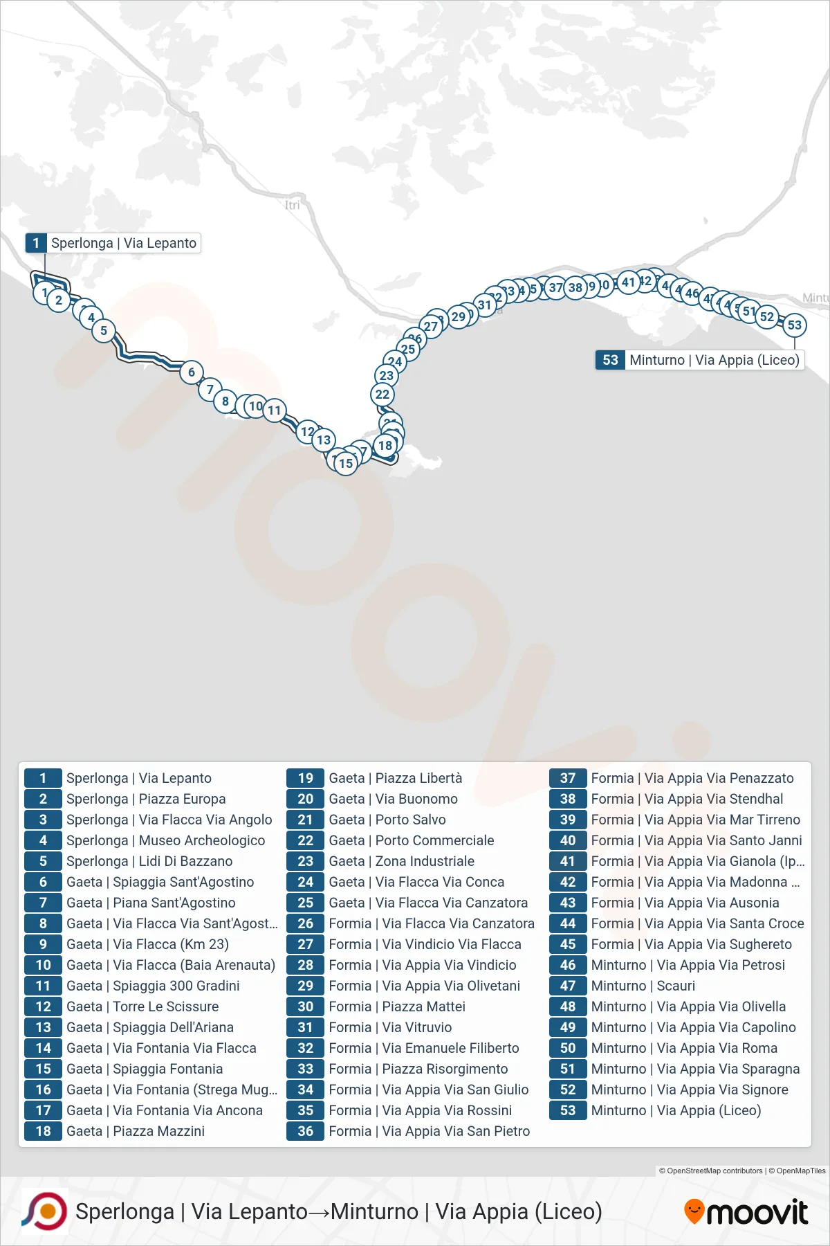 Linea COTRAL  bus (Sperlonga | Via Lepanto‎→Minturno | Via Appia (Liceo)) - Percorsi e fermate sulla mappa