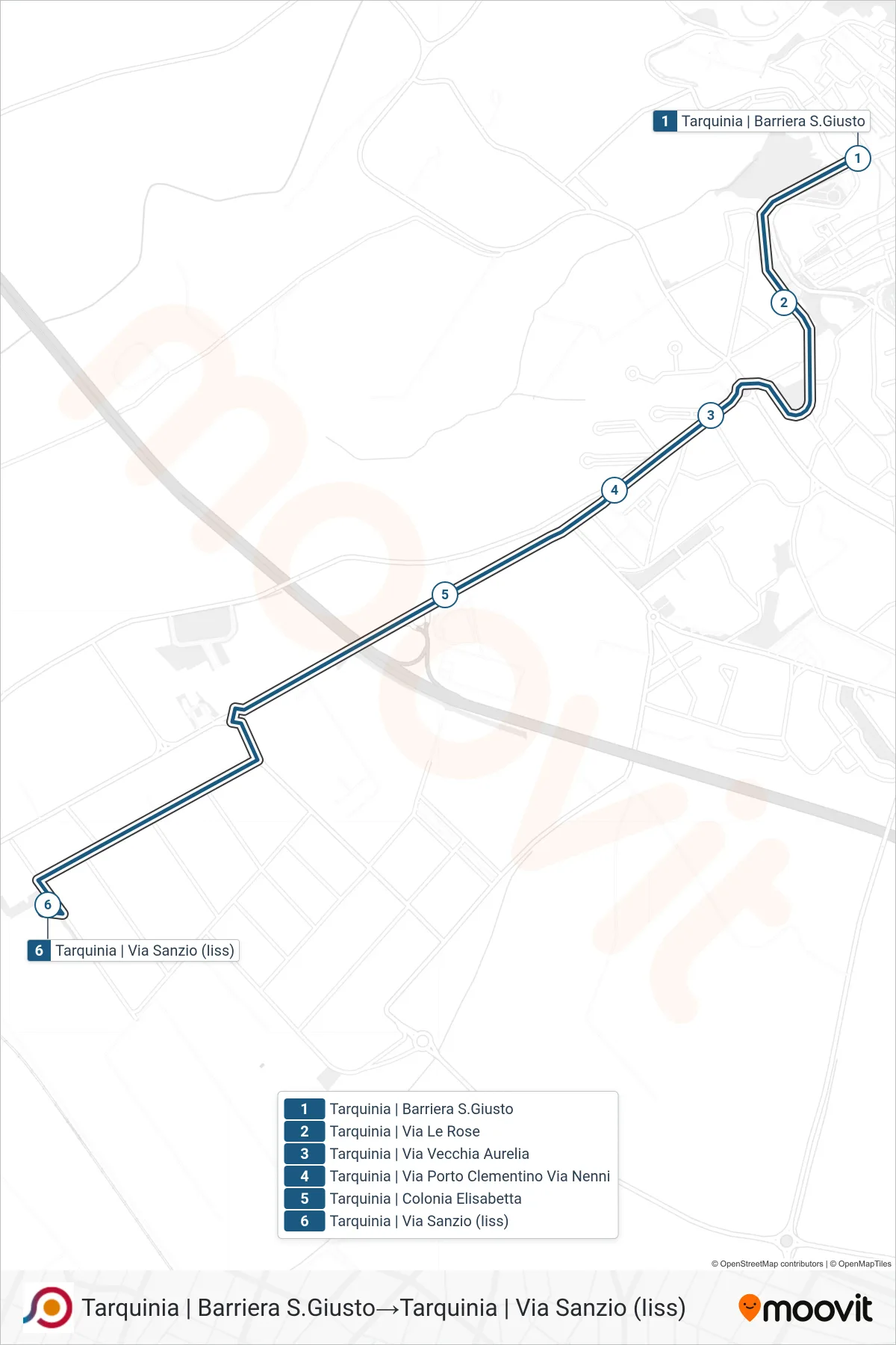 Linea COTRAL bus (Tarquinia | Barriera S.Giusto→Tarquinia | Via Sanzio (Iiss)) - Percorsi e fermate sulla mappa