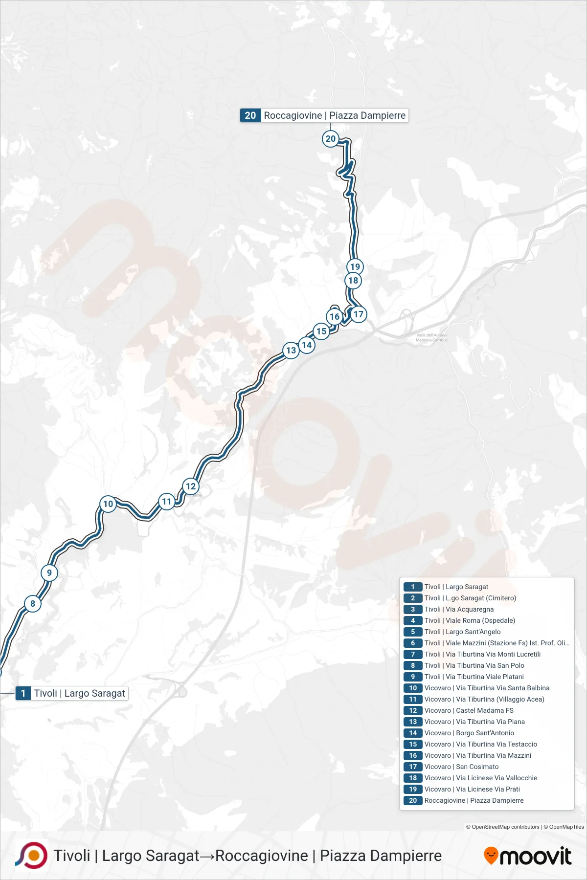 Linea COTRAL  bus (Tivoli | Largo Saragat‎→Roccagiovine | Piazza Dampierre) - Percorsi e fermate sulla mappa