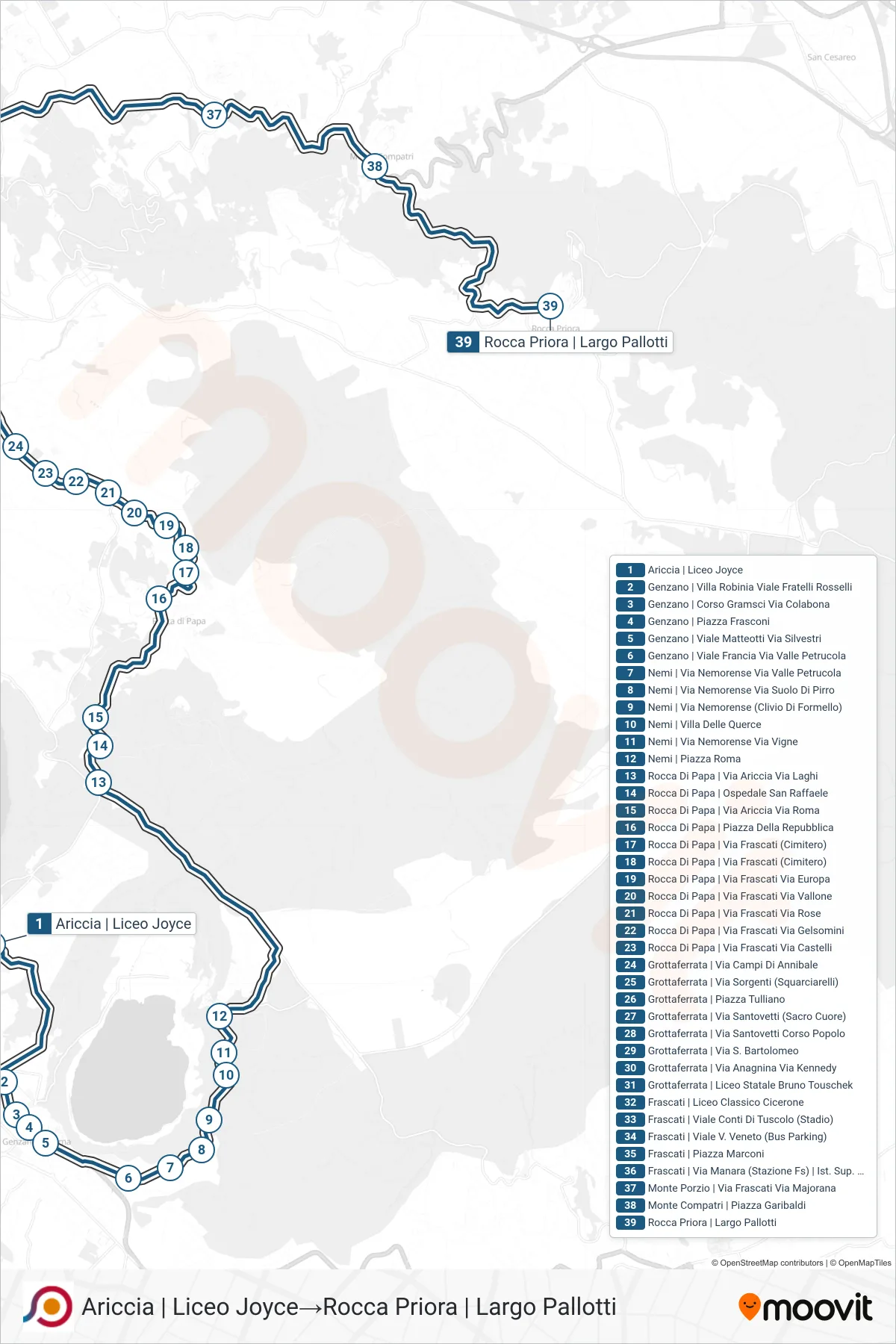 Linea COTRAL bus (Ariccia | Liceo Joyce→Rocca Priora | Largo Pallotti) - Percorsi e fermate sulla mappa