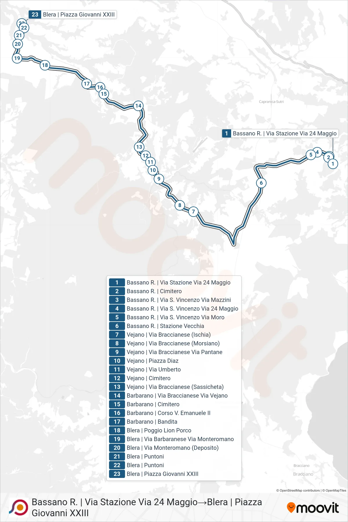 Linea COTRAL bus (Bassano R. | Via Stazione Via 24 Maggio→Blera | Piazza Giovanni XXIII) - Percorsi e fermate sulla mappa