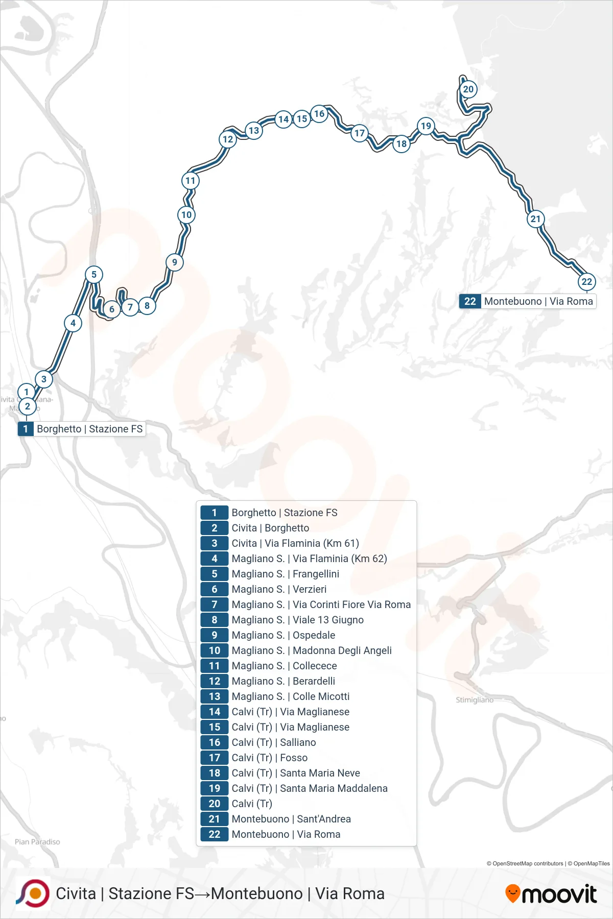 Linea COTRAL bus (Civita | Stazione FS→Montebuono | Via Roma) - Percorsi e fermate sulla mappa