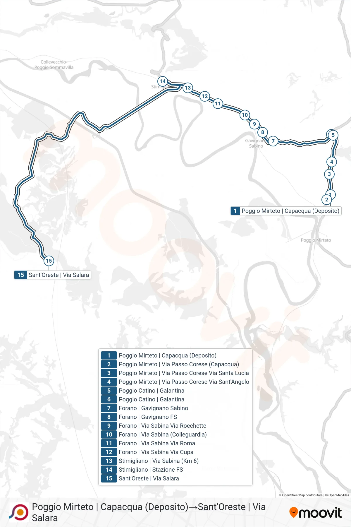 Linea COTRAL bus (Poggio Mirteto | Capacqua (Deposito)→Sant'Oreste | Via Salara) - Percorsi e fermate sulla mappa