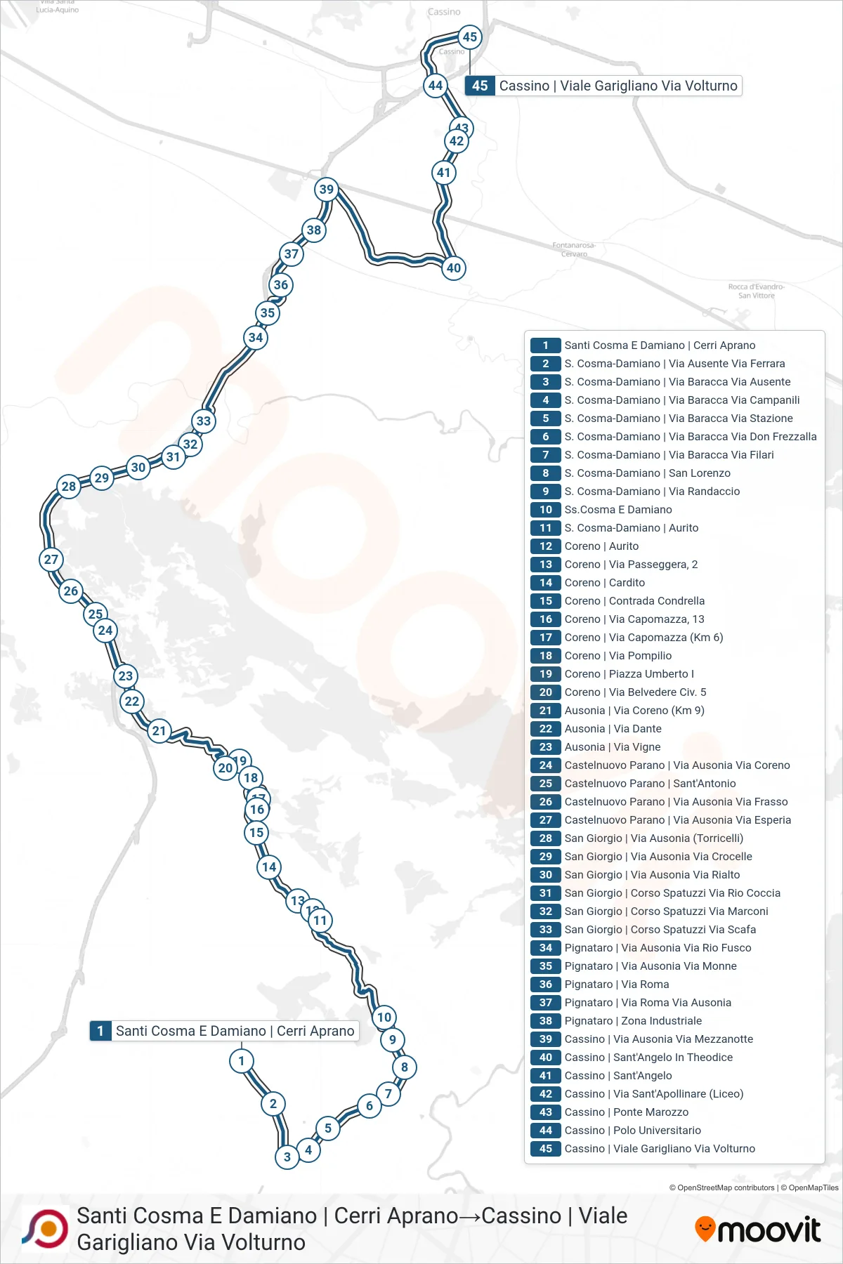 Linea COTRAL bus (Santi Cosma E Damiano | Cerri Aprano→Cassino | Viale Garigliano Via Volturno) - Percorsi e fermate sulla mappa