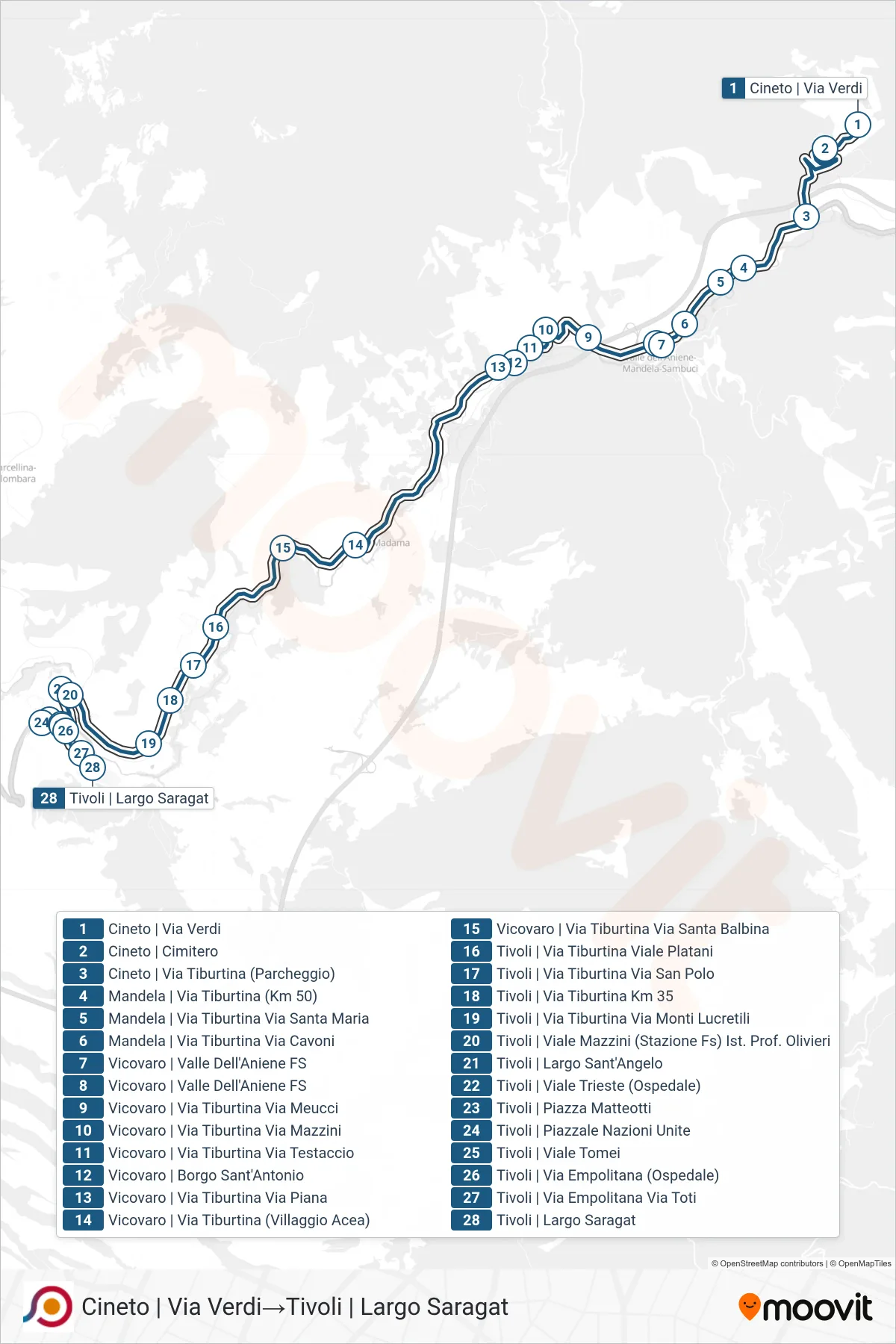 Linea COTRAL  bus (Cineto | Via Verdi‎→Tivoli | Largo Saragat) - Percorsi e fermate sulla mappa