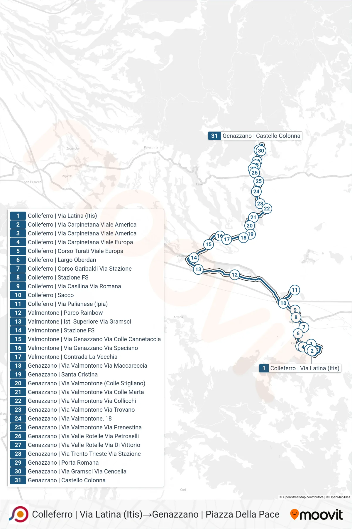 Linea COTRAL bus (Colleferro | Via Latina (Itis)→Genazzano | Piazza Della Pace) - Percorsi e fermate sulla mappa