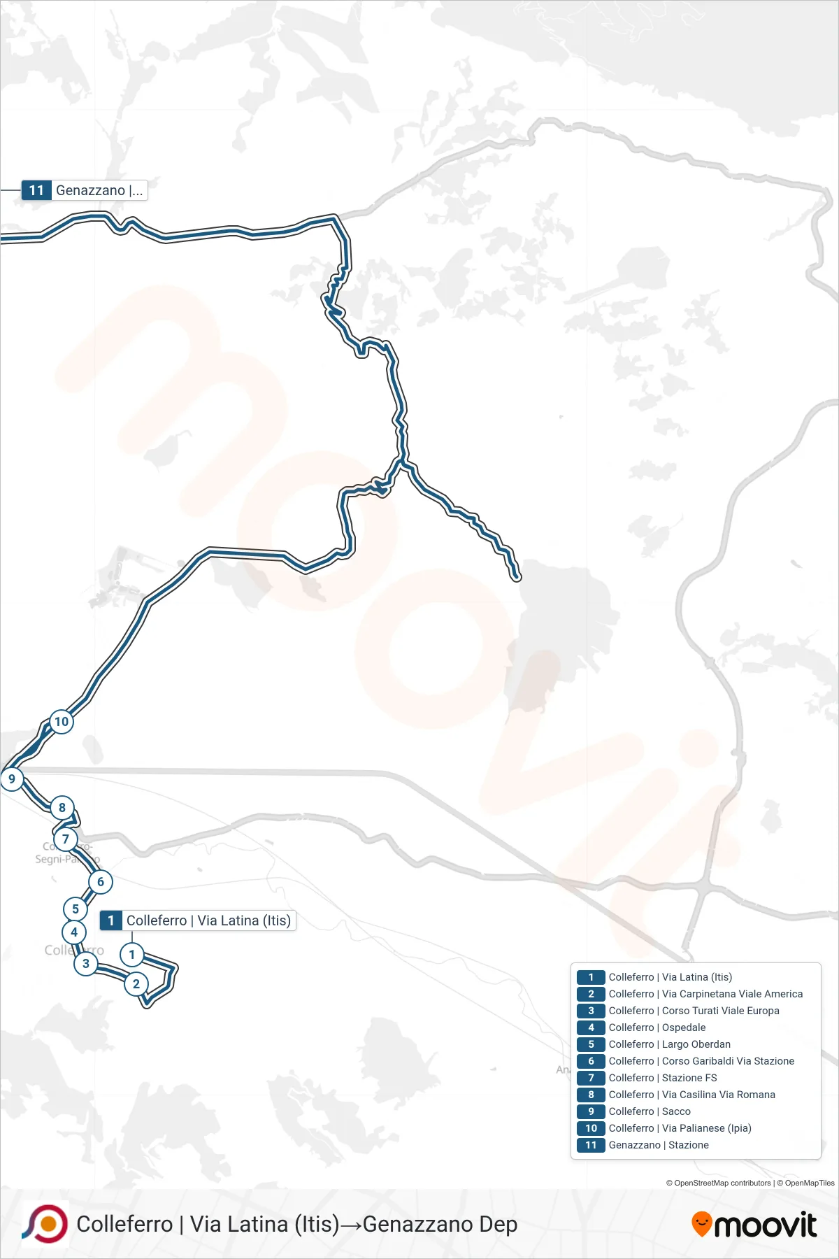COTRAL bus Line (Colleferro via Via Latina (ITIS)→Genazzano Depot) route and stops on a map