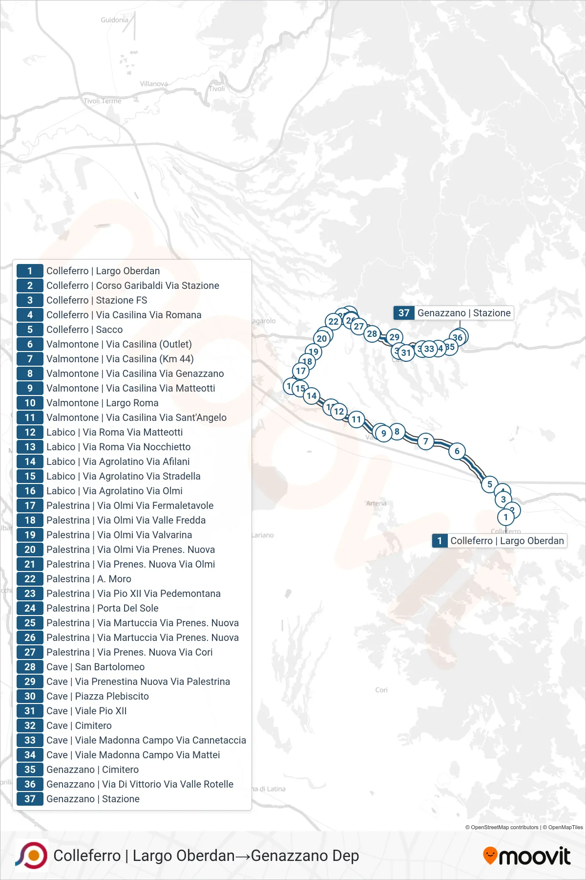 COTRAL bus Line (Colleferro | Largo Oberdan→Genazzano Depot) route and stops on a map