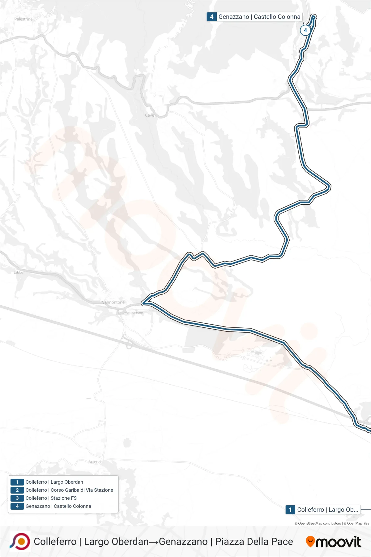 COTRAL bus Line (Colleferro | Largo Oberdan→Genazzano | Piazza Della Pace) route and stops on a map