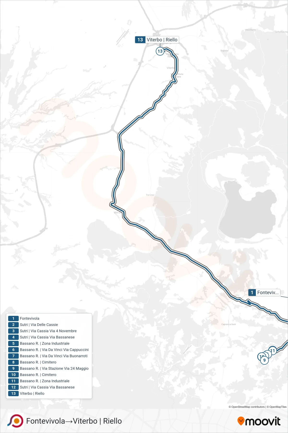 Linea COTRAL bus (Fontevivola→Viterbo | Riello) - Percorsi e fermate sulla mappa