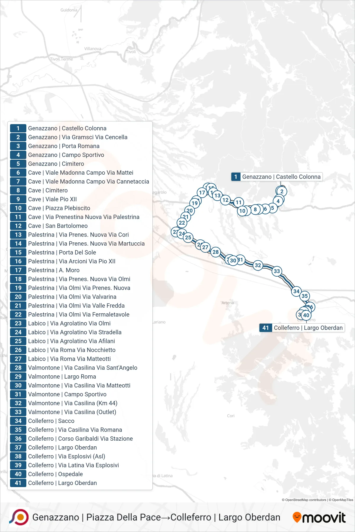 Linea COTRAL bus (Genazzano | Piazza Della Pace→Colleferro | Largo Oberdan) - Percorsi e fermate sulla mappa