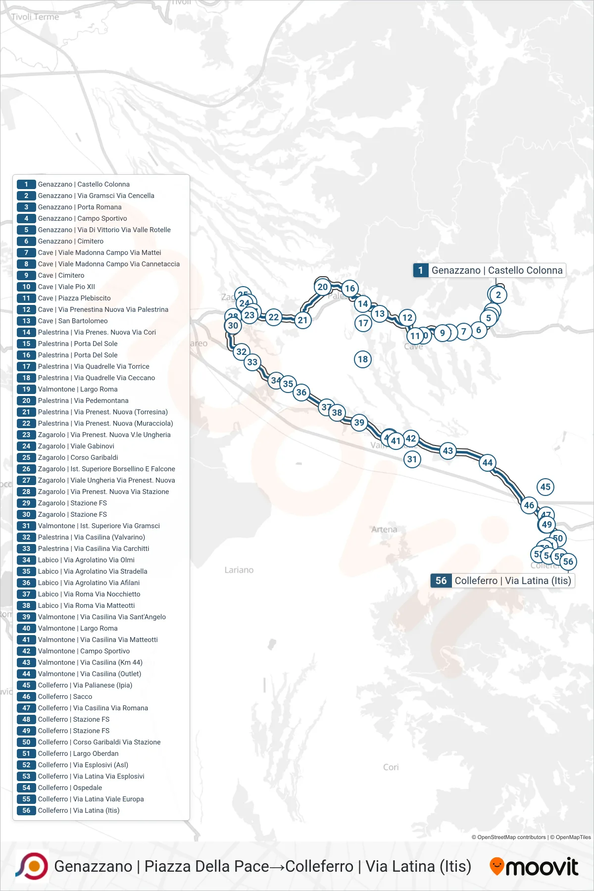 COTRAL bus Line (Genazzano | Piazza Della Pace→Colleferro via Via Latina (ITIS)) route and stops on a map