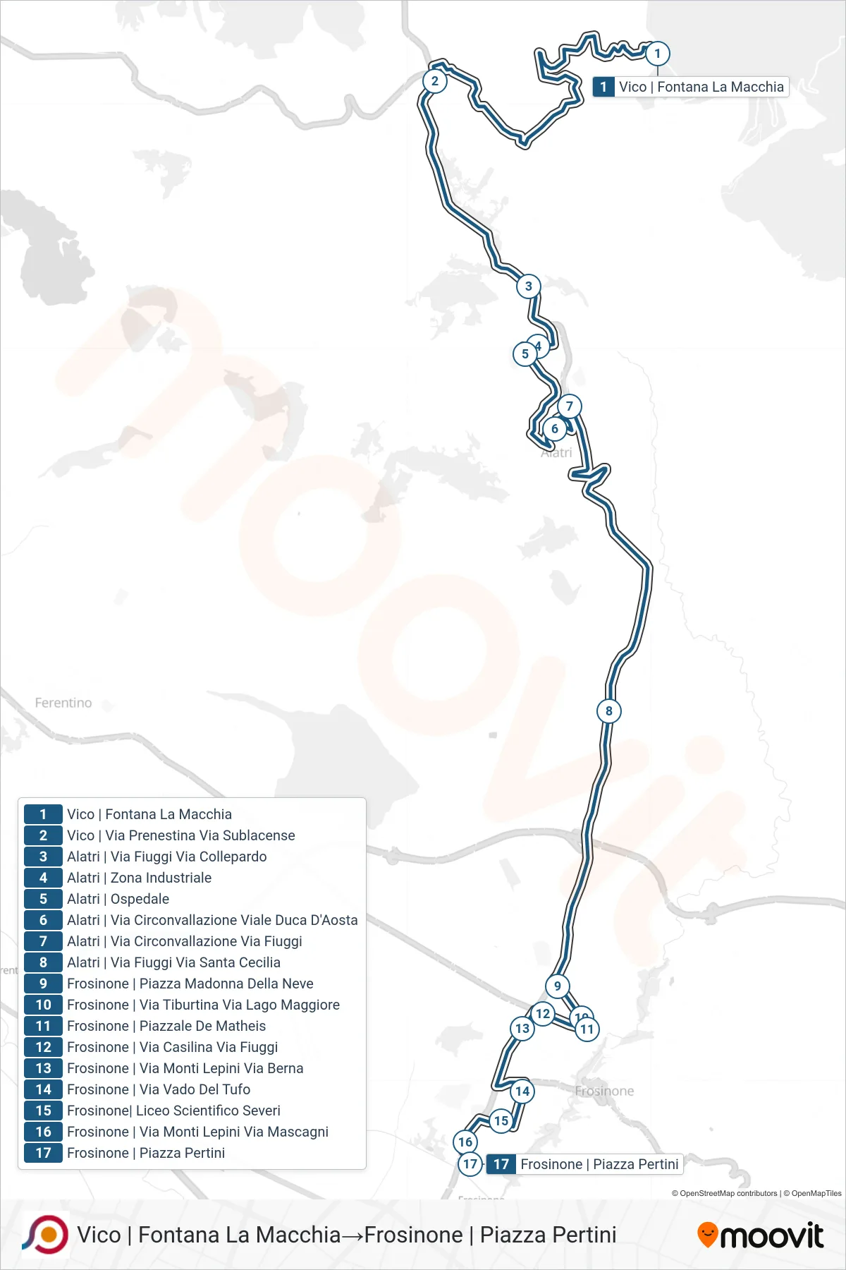 Linea COTRAL bus (Vico | Fontana La Macchia→Frosinone | Piazza Pertini) - Percorsi e fermate sulla mappa
