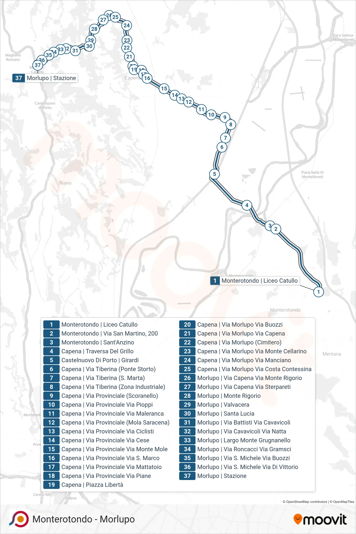 Linea COTRAL bus (Monterotondo | Liceo Catullo→Morlupo | Stazione) - Percorsi e fermate sulla mappa