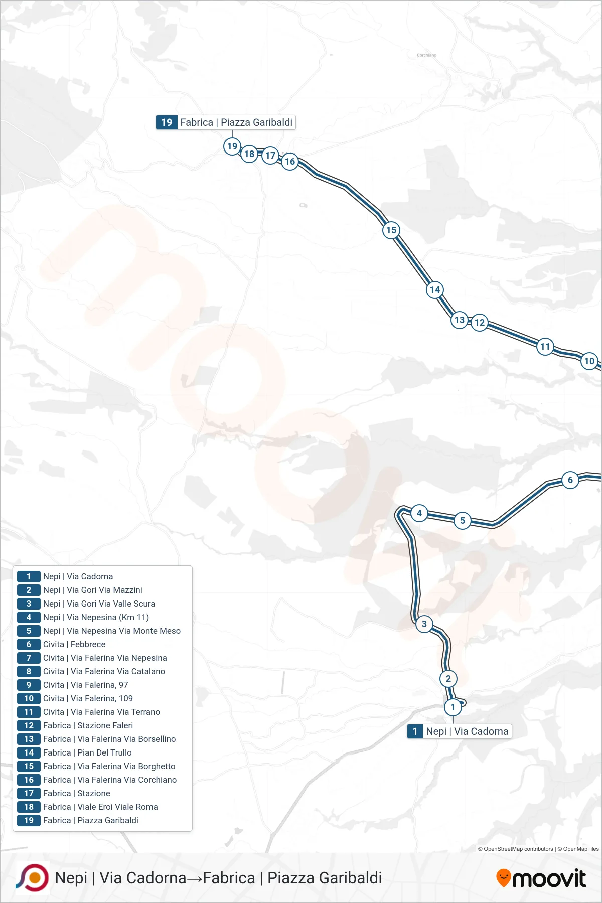 Linea COTRAL bus (Nepi | Via Cadorna→Fabrica | Piazza Garibaldi) - Percorsi e fermate sulla mappa