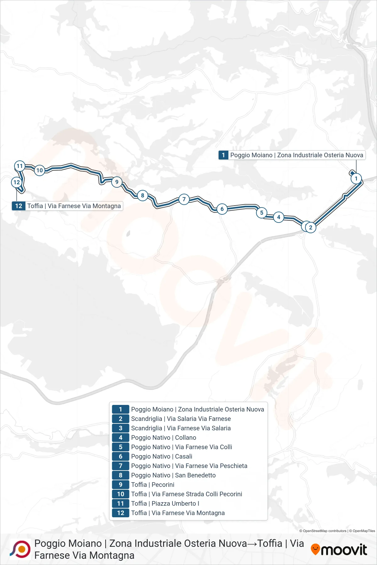 Linea COTRAL bus (Poggio Moiano | Zona Industriale Osteria Nuova→Toffia | Via Farnese Via Montagna) - Percorsi e fermate sulla mappa