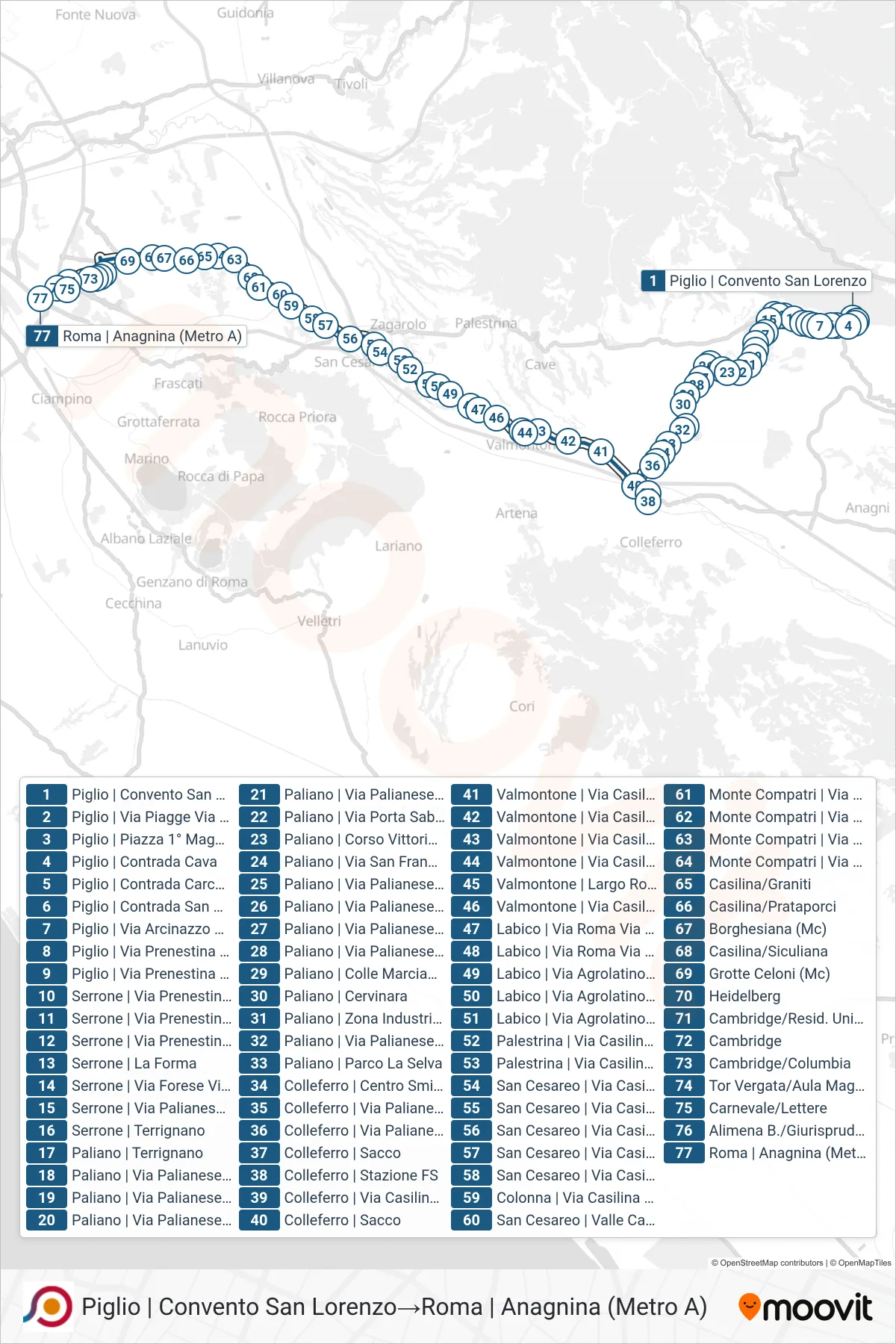 Linea COTRAL bus (Piglio | Convento San Lorenzo→Roma | Anagnina (Metro A)) - Percorsi e fermate sulla mappa