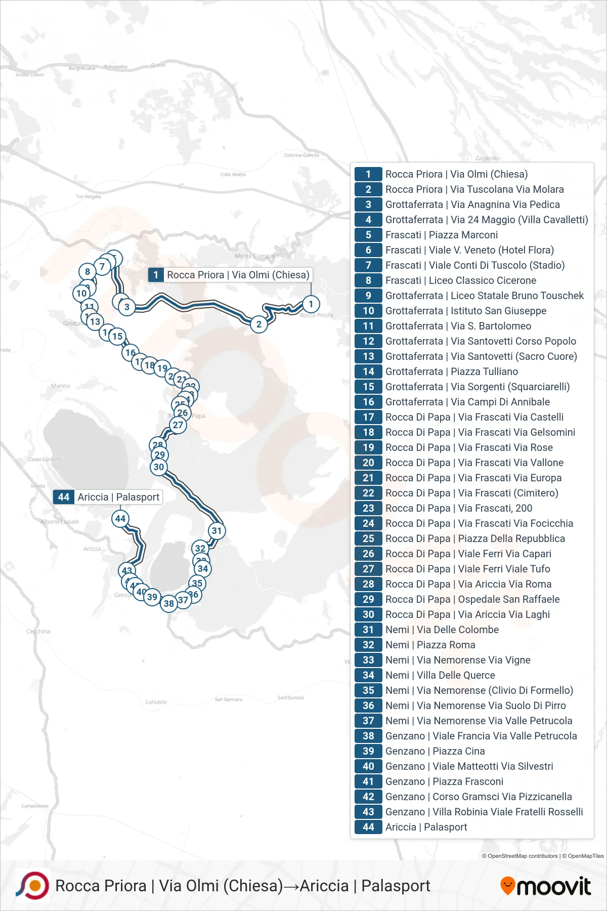 Linea COTRAL bus (Rocca Priora | Via Olmi (Chiesa)→Ariccia | Palasport) - Percorsi e fermate sulla mappa