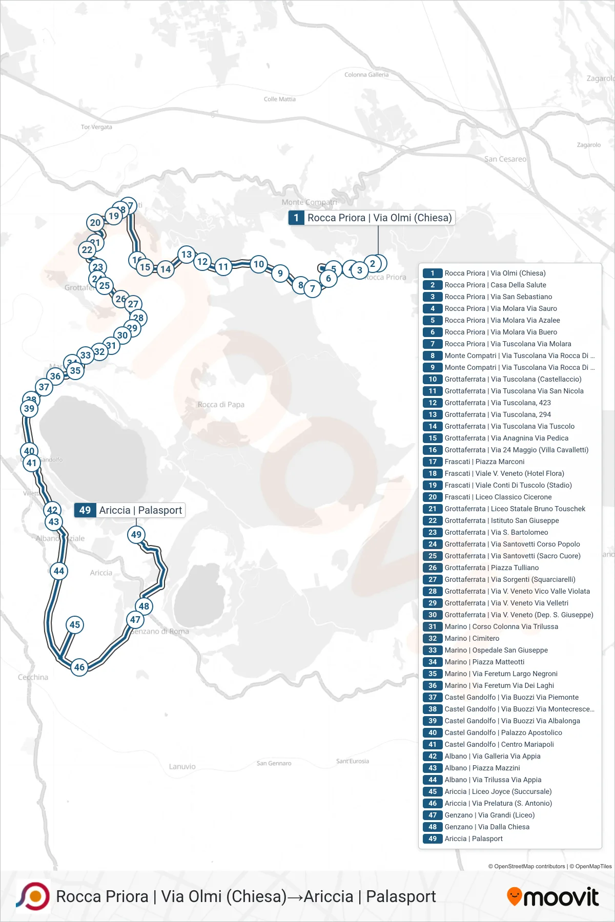 Linea COTRAL bus (Rocca Priora | Via Olmi (Chiesa)→Ariccia | Palasport) - Percorsi e fermate sulla mappa