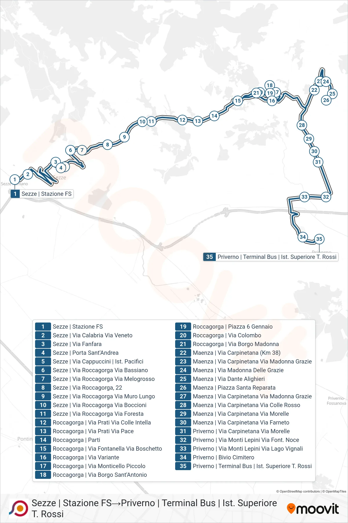 Linea COTRAL bus (Sezze | Stazione FS→Priverno | Terminal Bus | Ist. Superiore T. Rossi) - Percorsi e fermate sulla mappa