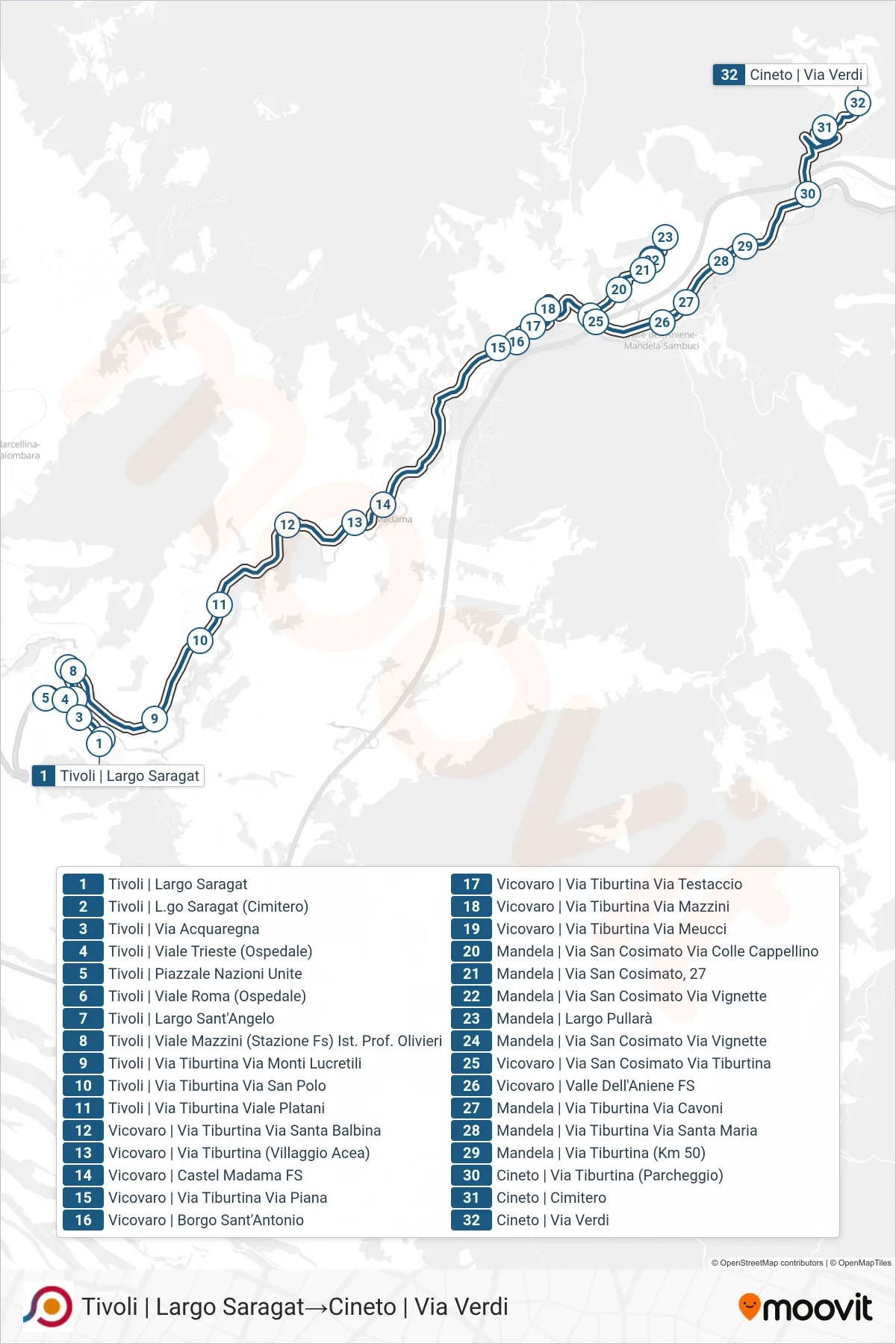 Linea COTRAL  bus (Tivoli | Largo Saragat‎→Cineto | Via Verdi) - Percorsi e fermate sulla mappa
