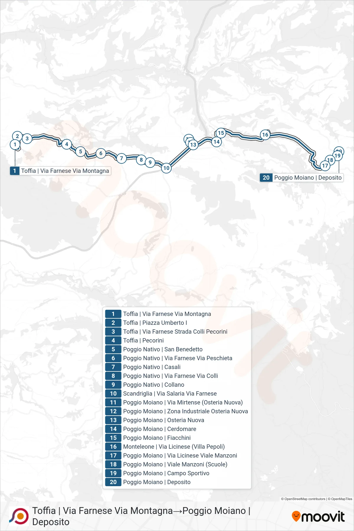 Linea COTRAL  bus (Toffia | Via Farnese Via Montagna‎→Poggio Moiano | Deposito) - Percorsi e fermate sulla mappa